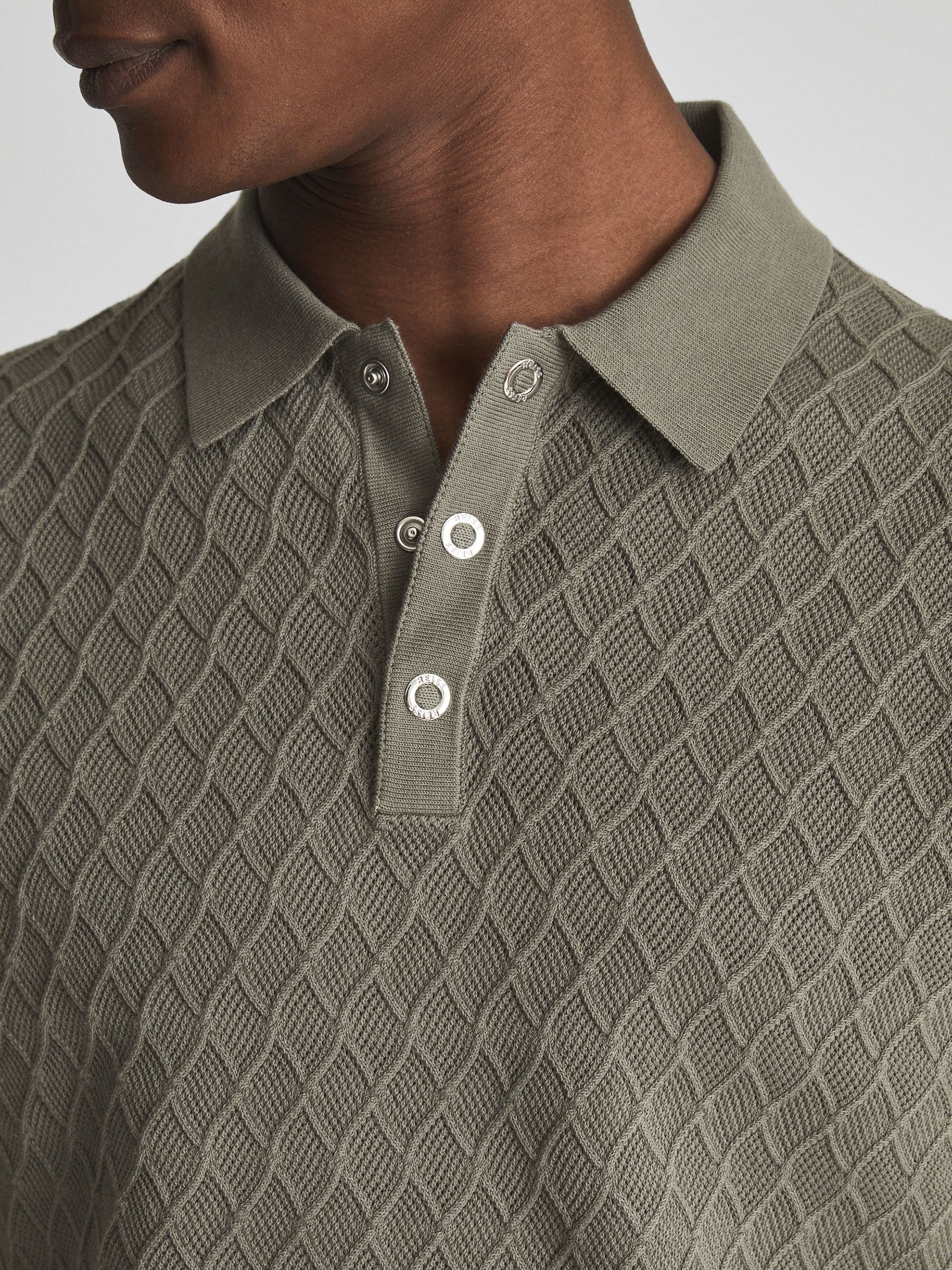 Textured Diamond Stitch Polo T-Shirt in Sage - Image 4 of 6