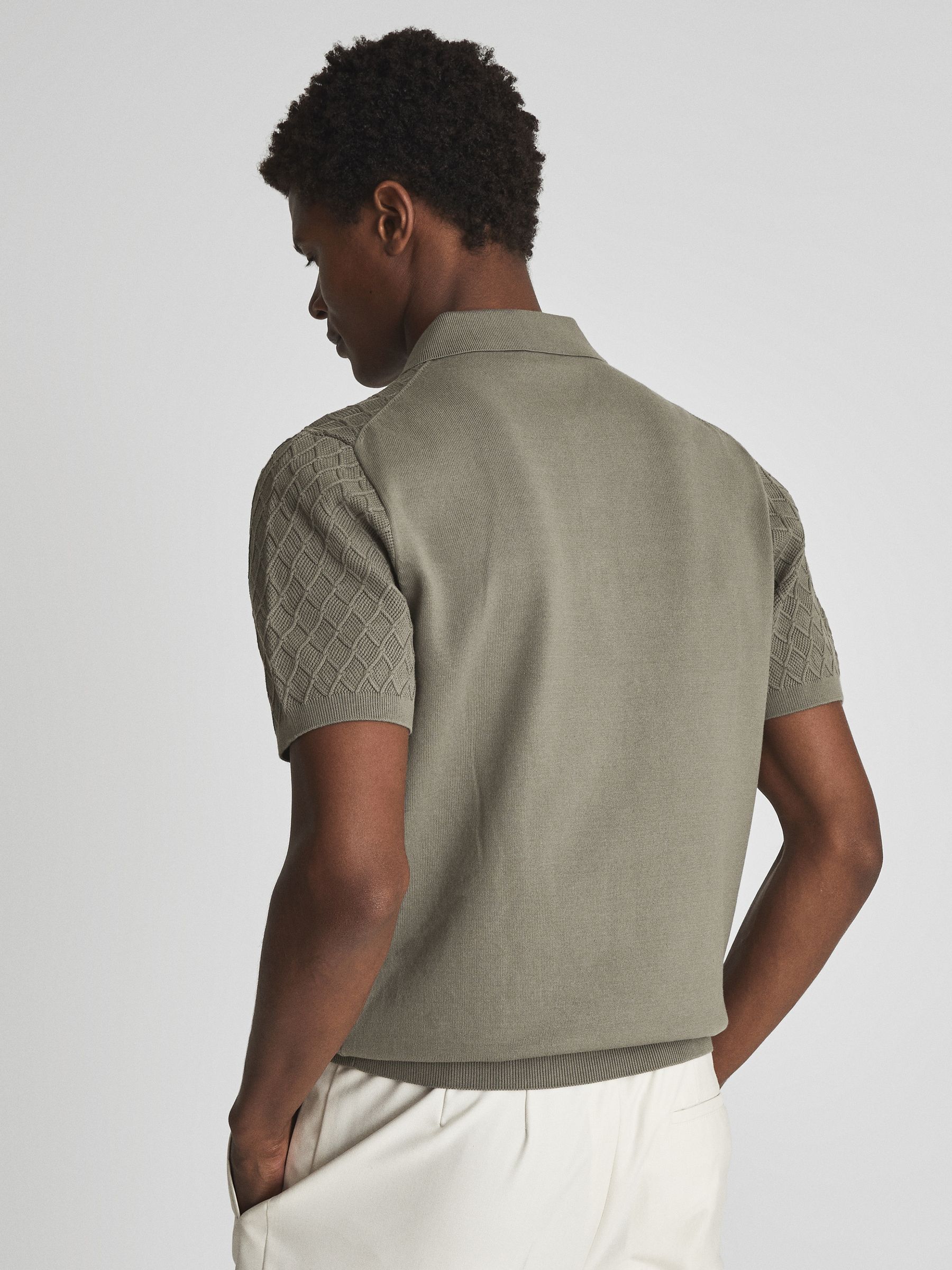 Textured Diamond Stitch Polo T-Shirt in Sage - Image 5 of 6