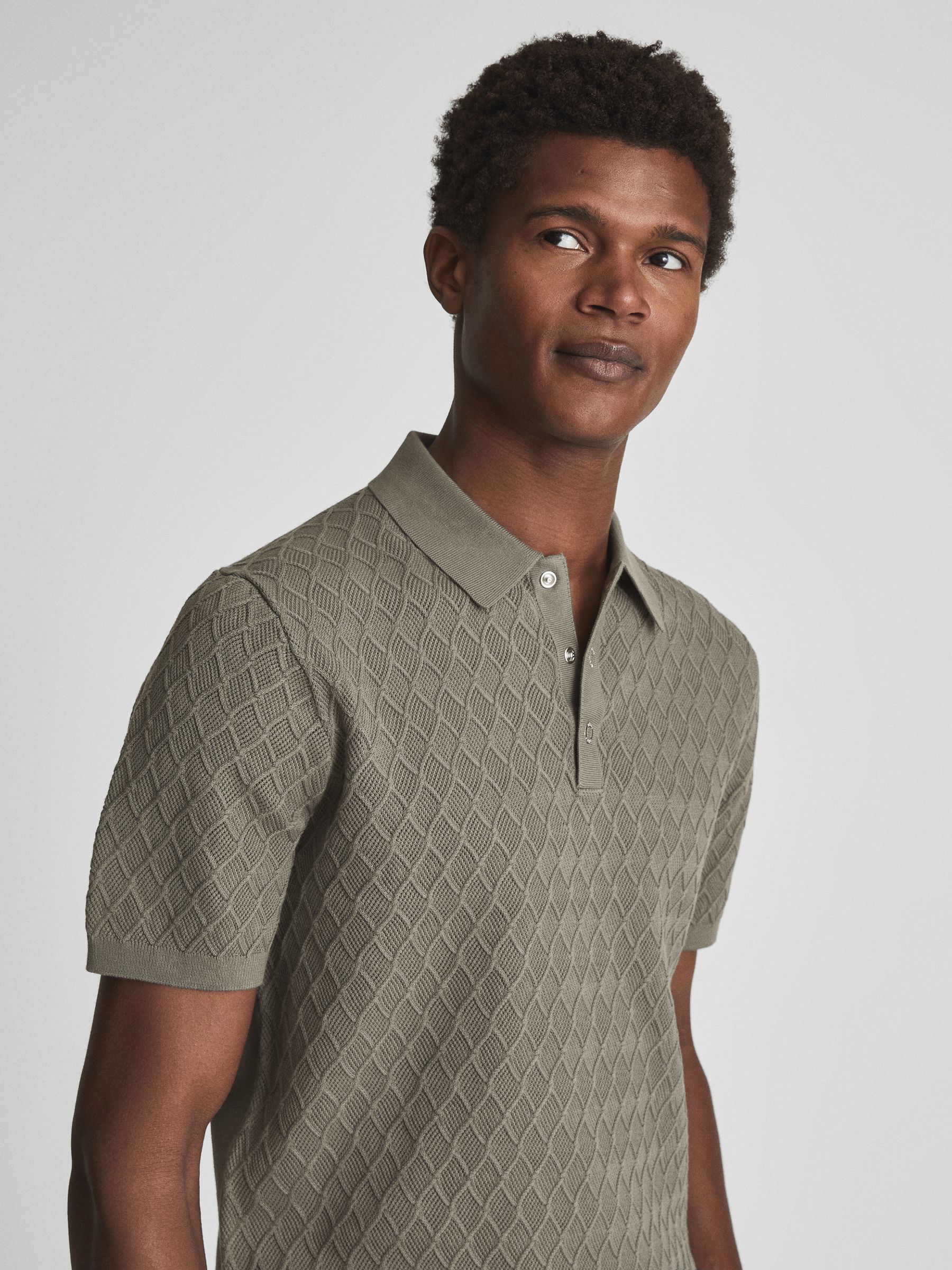 Reiss Textured Diamond Stitch Polo T-Shirt in Sage - REISS