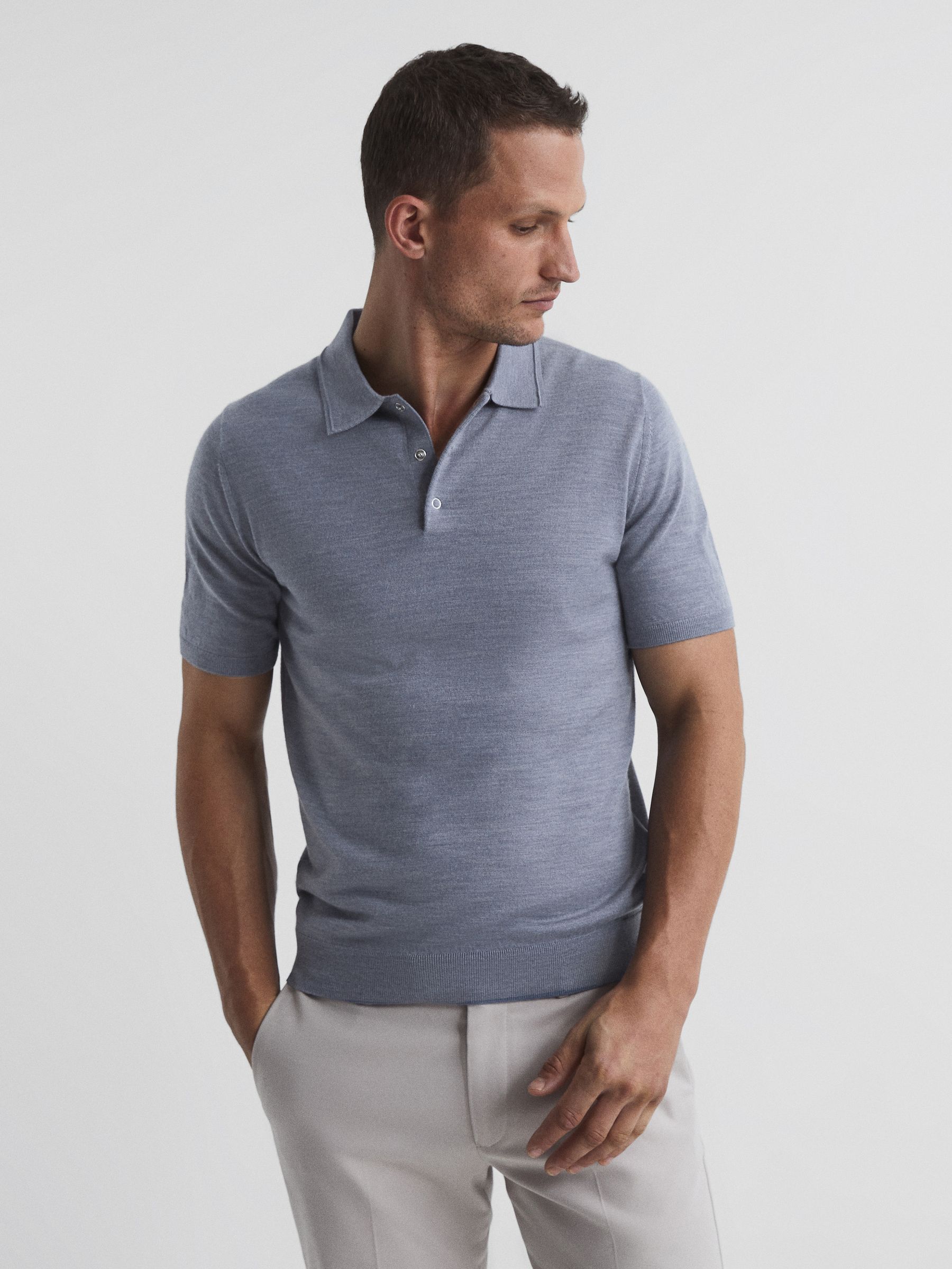 Merino Press-Stud Polo T-Shirt in Denim Melange - Image 1 of 6