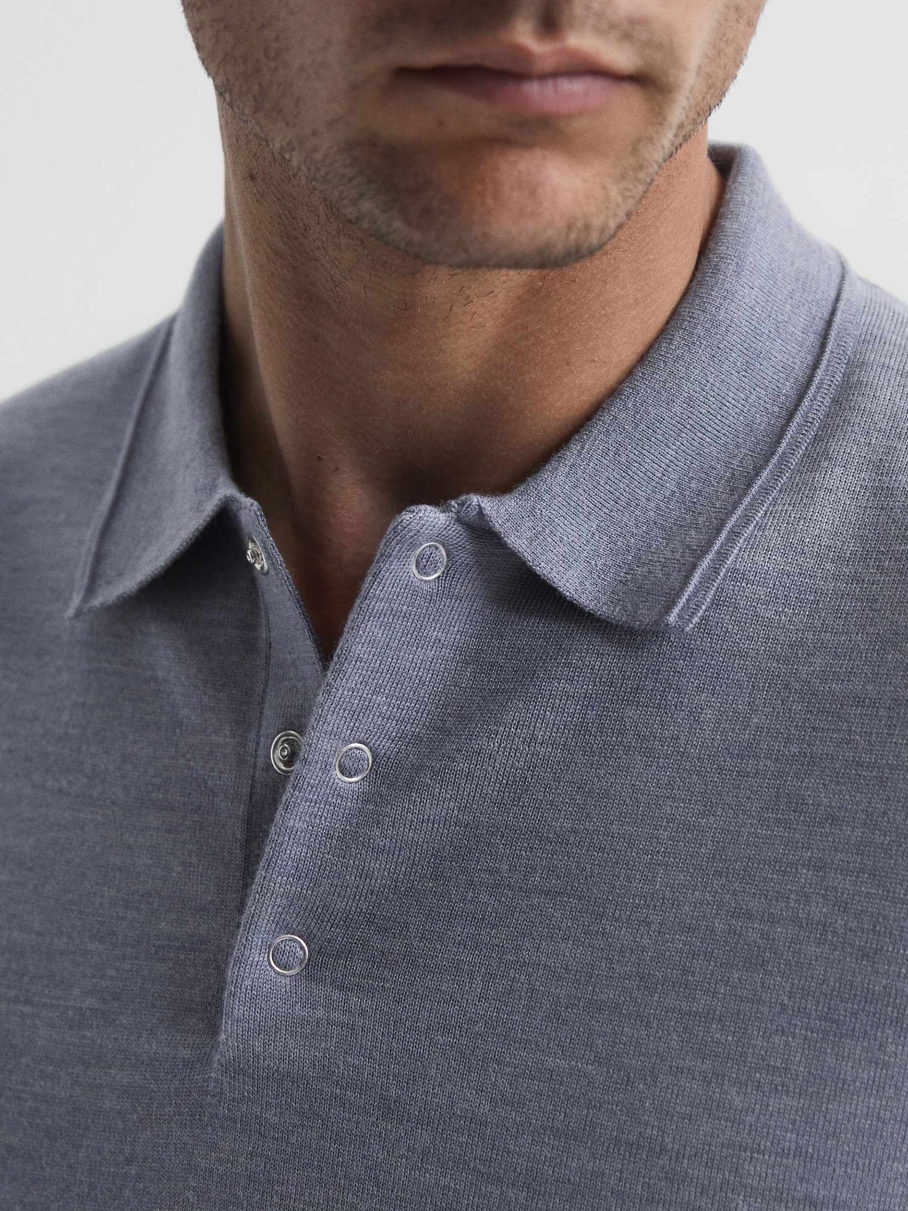 Merino Press-Stud Polo T-Shirt in Denim Melange - Image 4 of 6