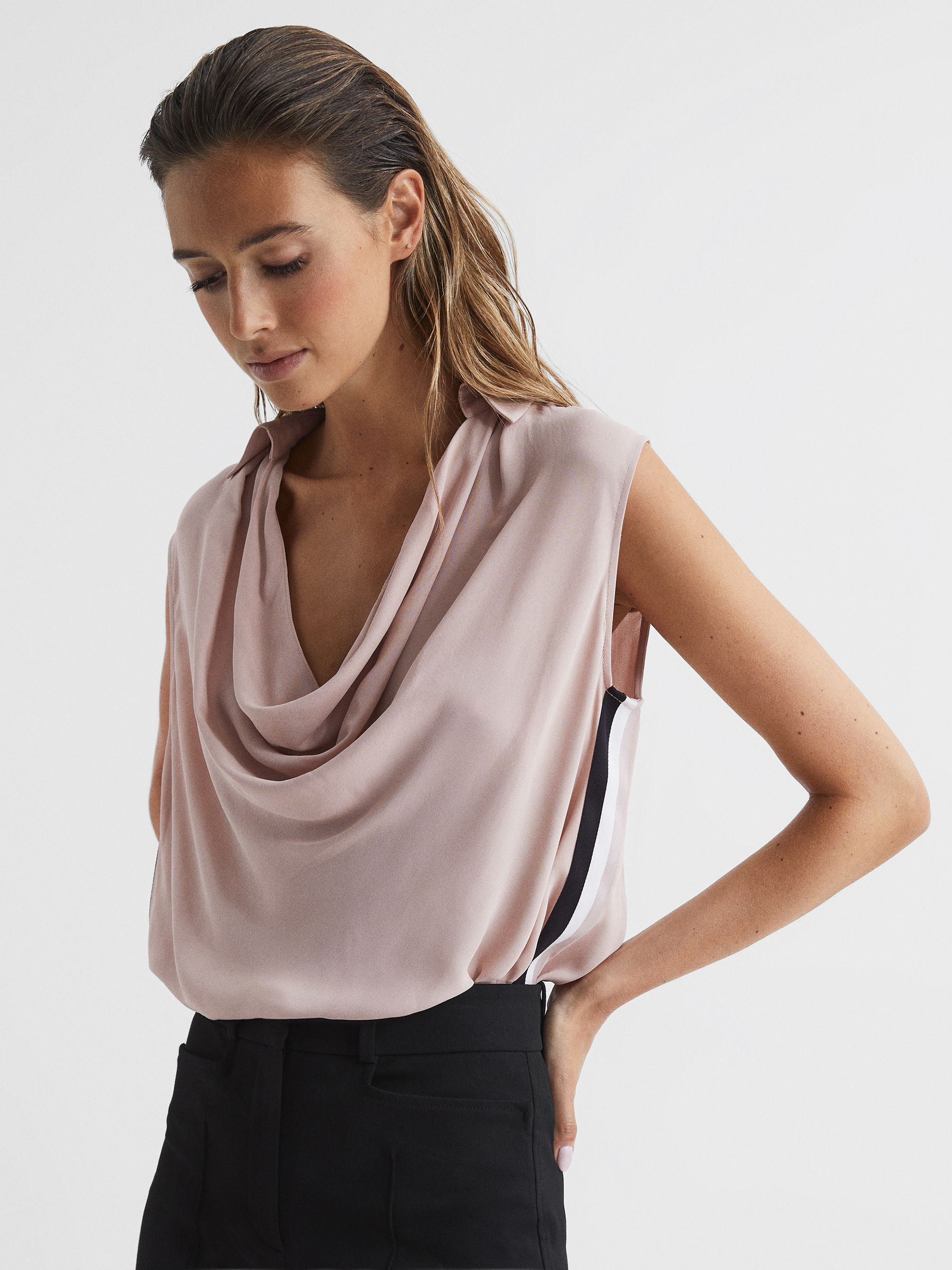 Cowl Front Sleeveless Blouse in Nude - Image 4 of 7