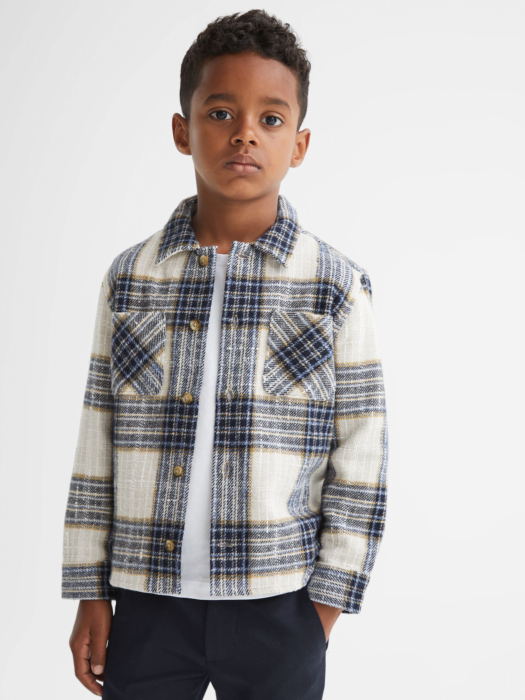 Junior Large Check Twill Overshirt in Blue/Ecru - Image 1 of 8