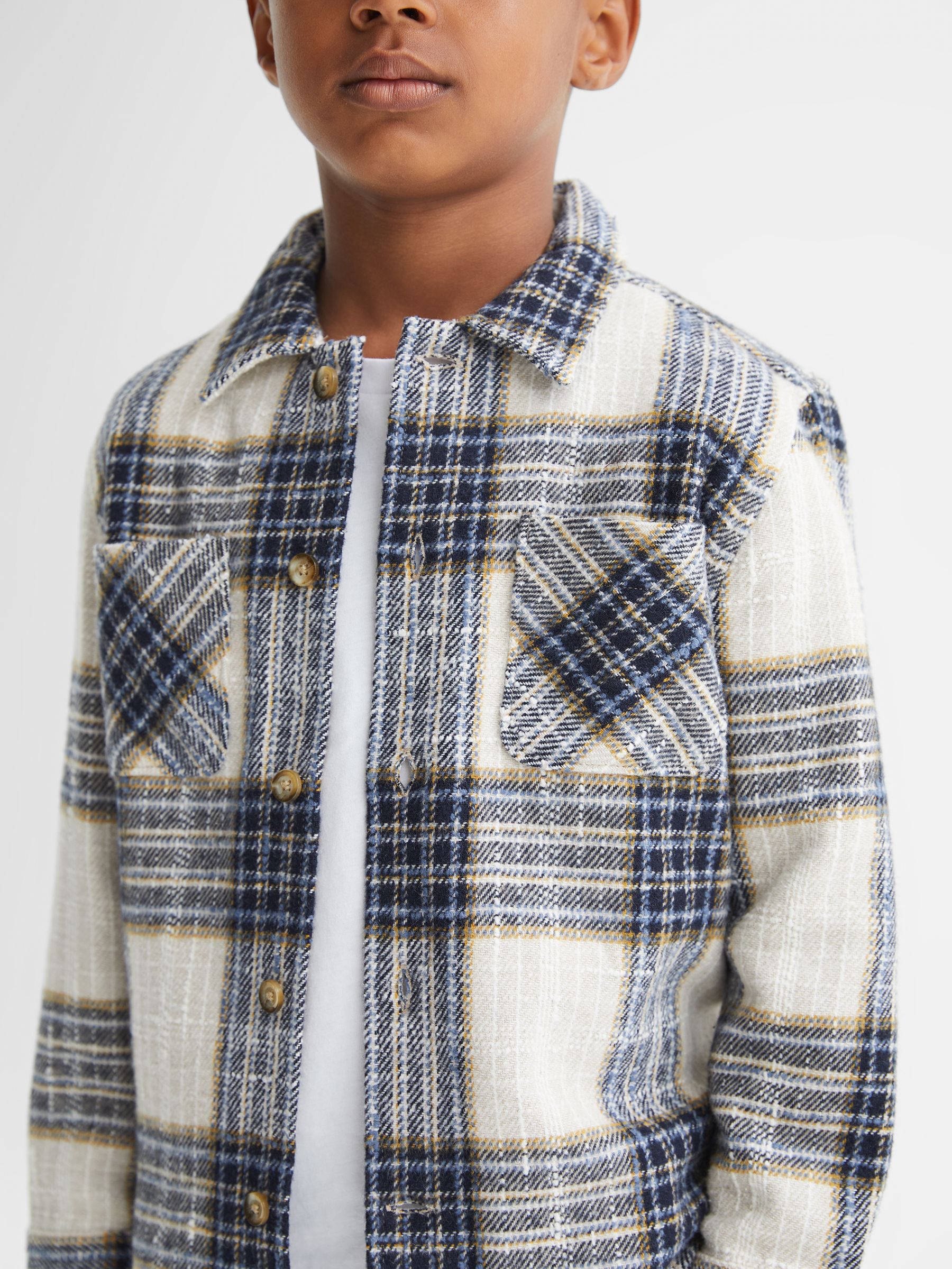 Junior Large Check Twill Overshirt in Blue/Ecru - Image 4 of 8