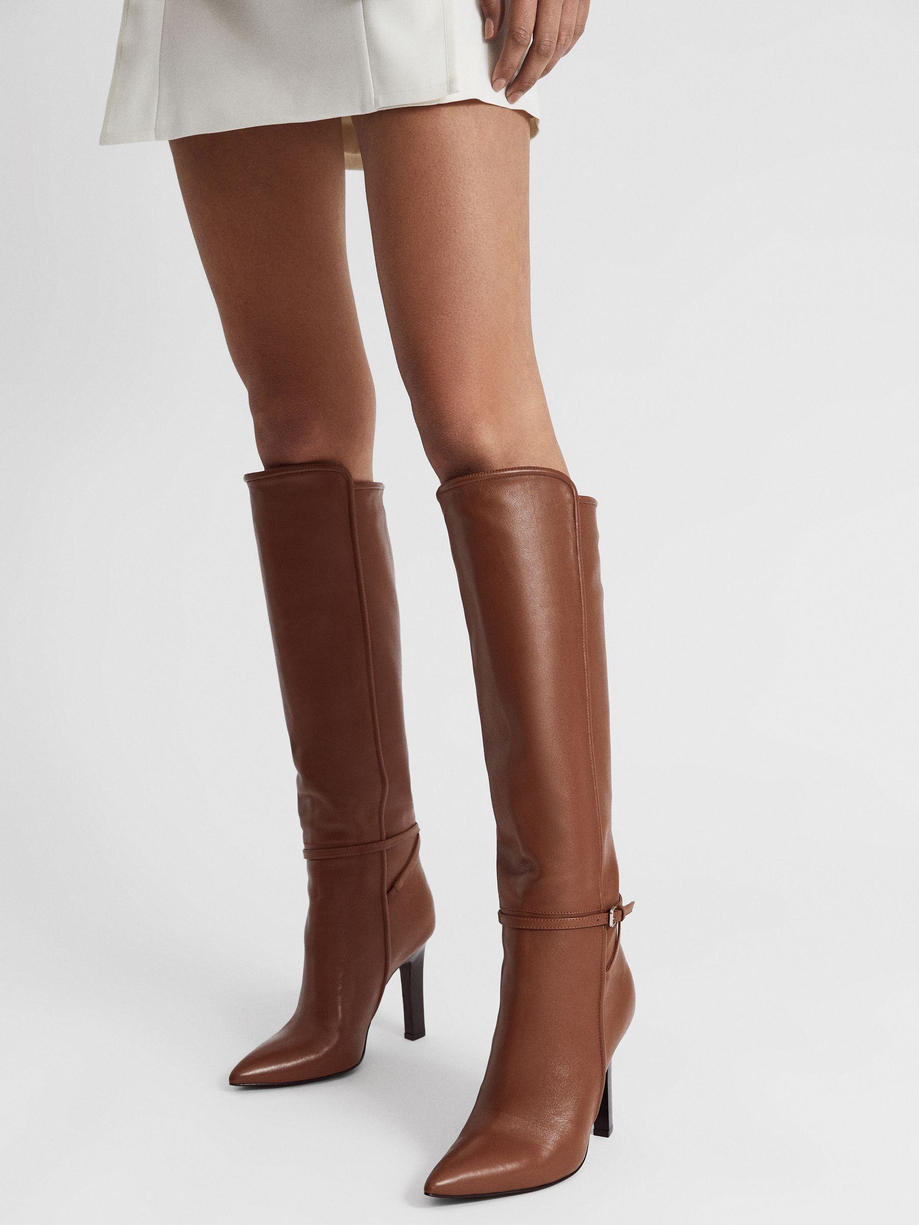 Leather Knee High Boots in Tan - Image 2 of 9