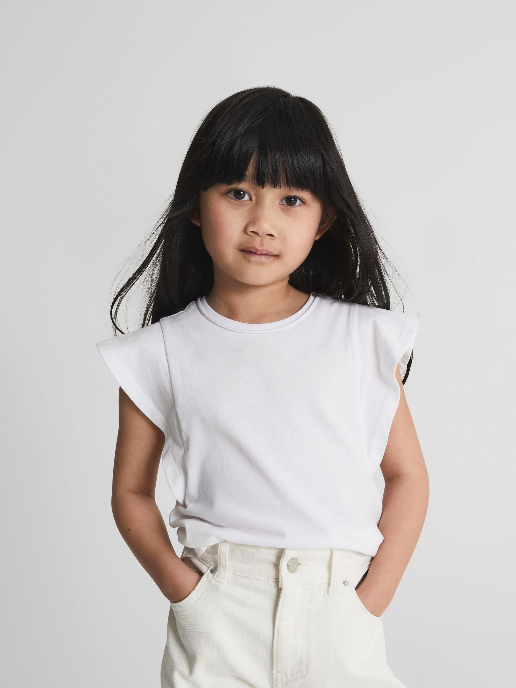 Ruffle Shoulder T-shirt in White - Image 1 of 6 Ruffle Shoulder T-shirt in White - Image 1 of 6
