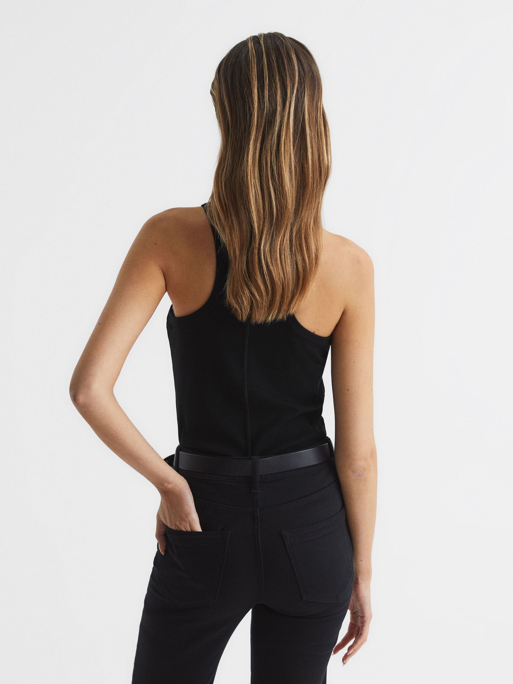 Ribbed Jersey Racer Tank Top in Black - Image 5 of 6
