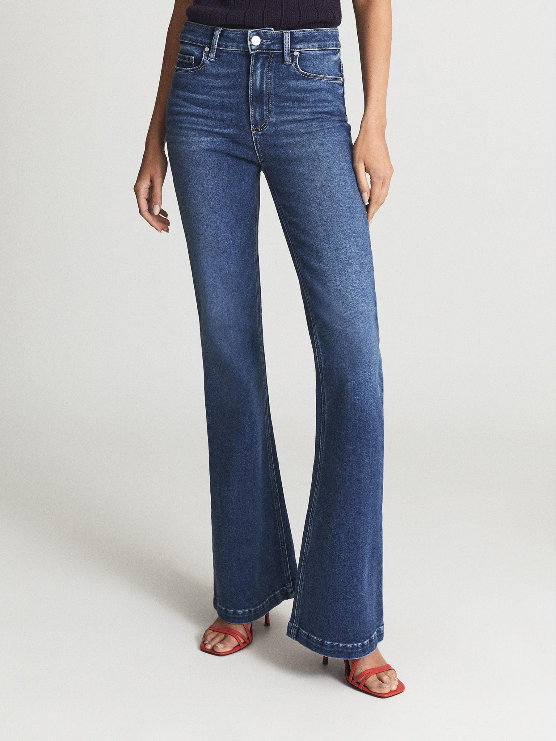 Paige High Rise Flared Jeans in Mid Blue - Image 3 of 8