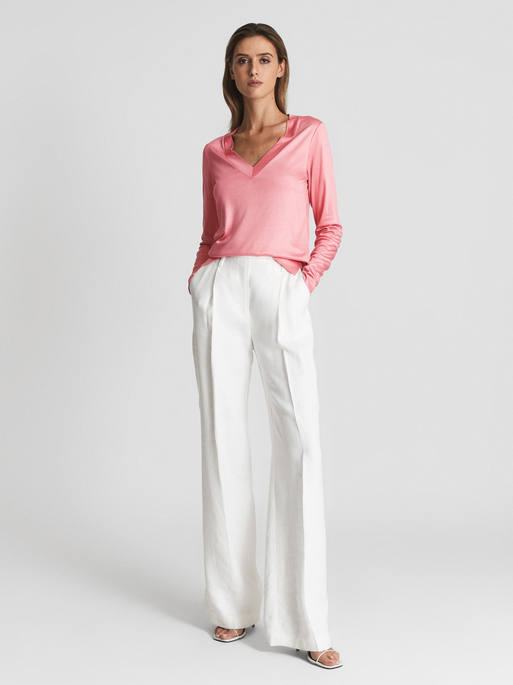 Long Sleeve V-Neck Jersey Top in Pink - Image 1 of 5