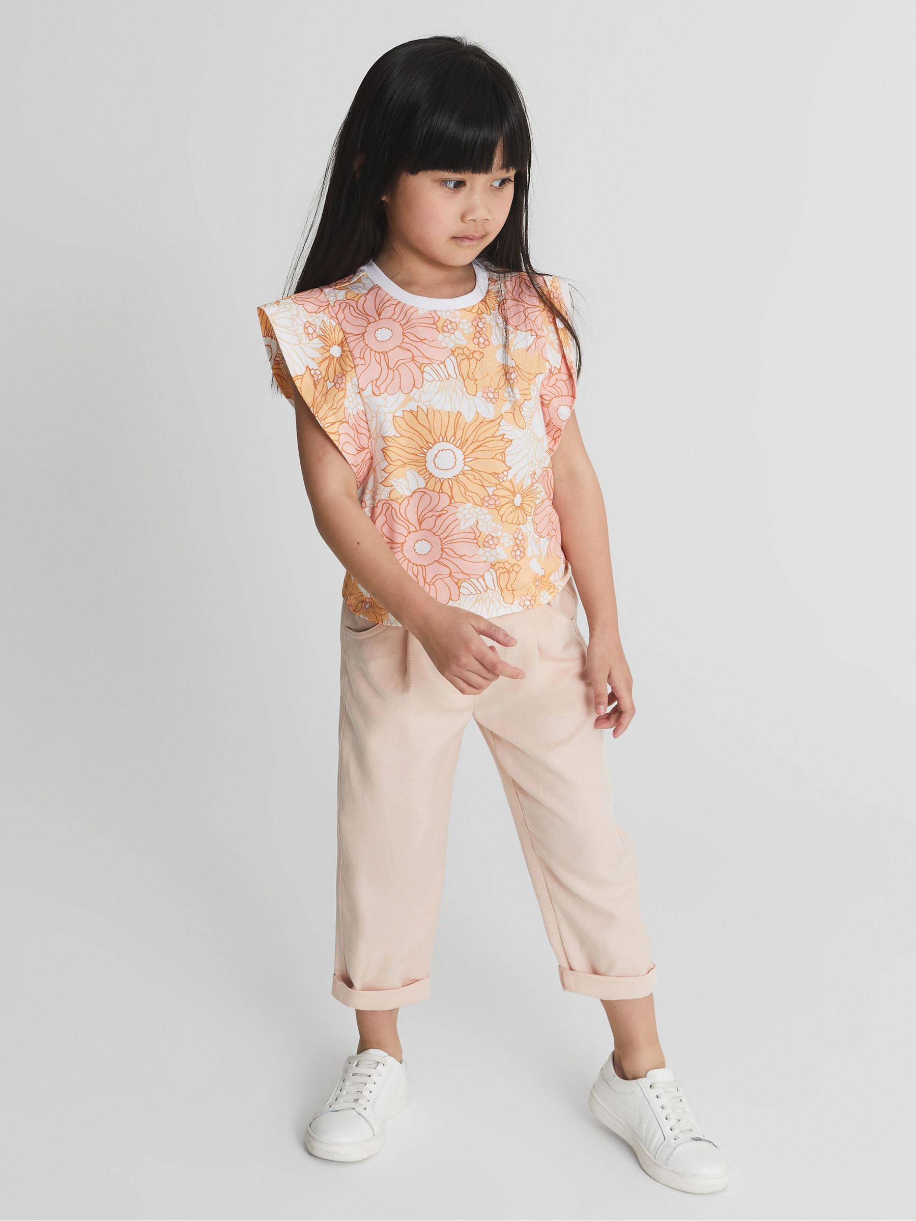 Ruffle Shoulder T-Shirt in Orange Print - Image 1 of 5