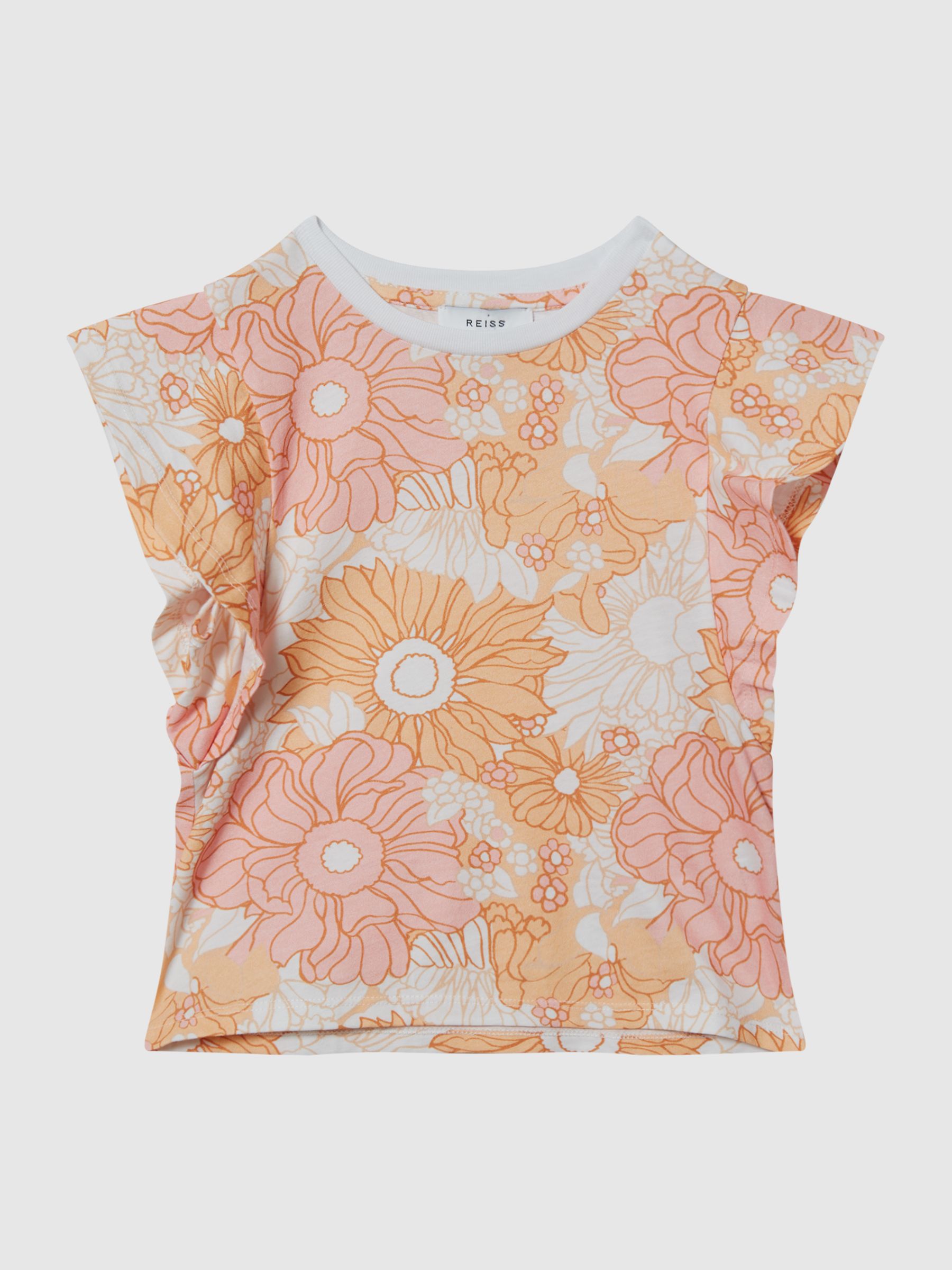 Ruffle Shoulder T-Shirt in Orange Print - Image 2 of 5