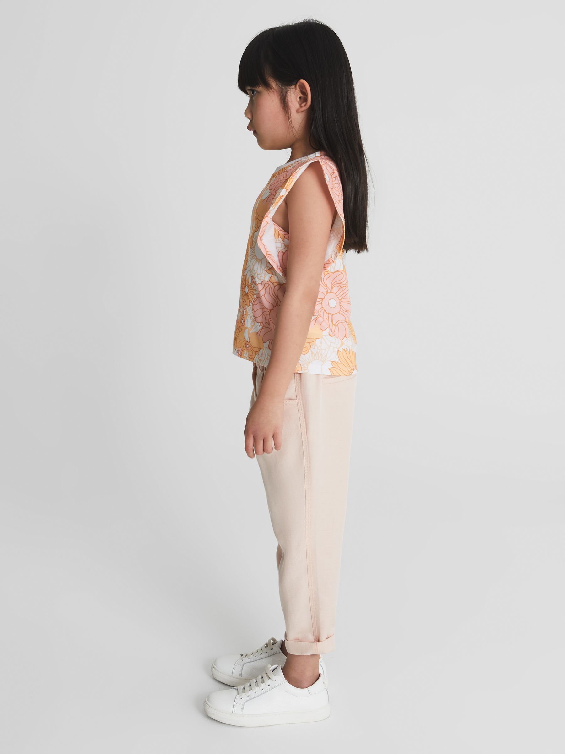 Ruffle Shoulder T-Shirt in Orange Print - Image 3 of 5