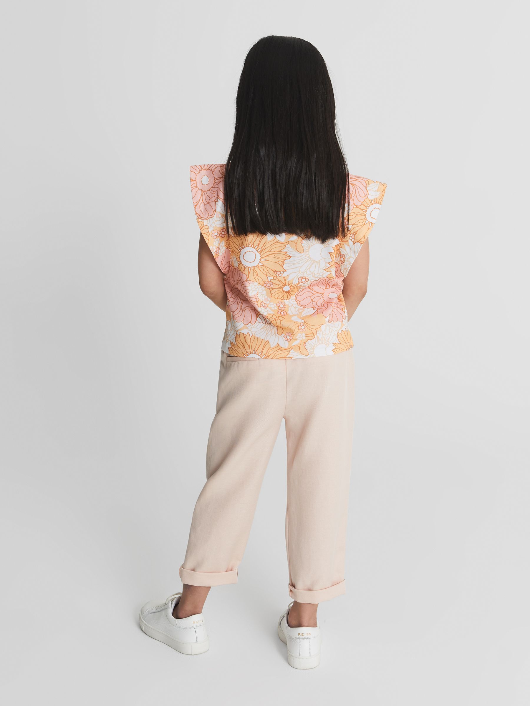 Ruffle Shoulder T-Shirt in Orange Print - Image 4 of 5