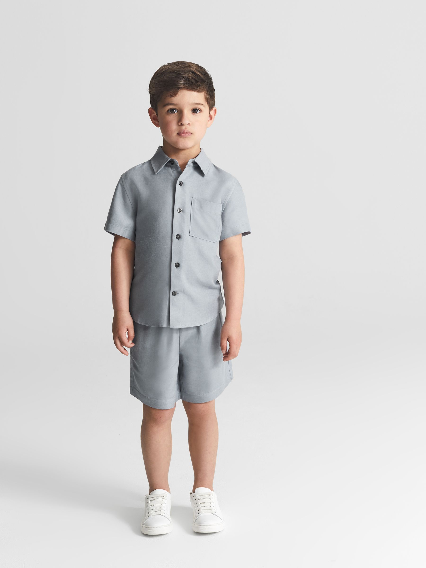 Textured Linen Blend Shorts in Blue - Image 1 of 5 Textured Linen Blend Shorts in Blue - Image 1 of 5