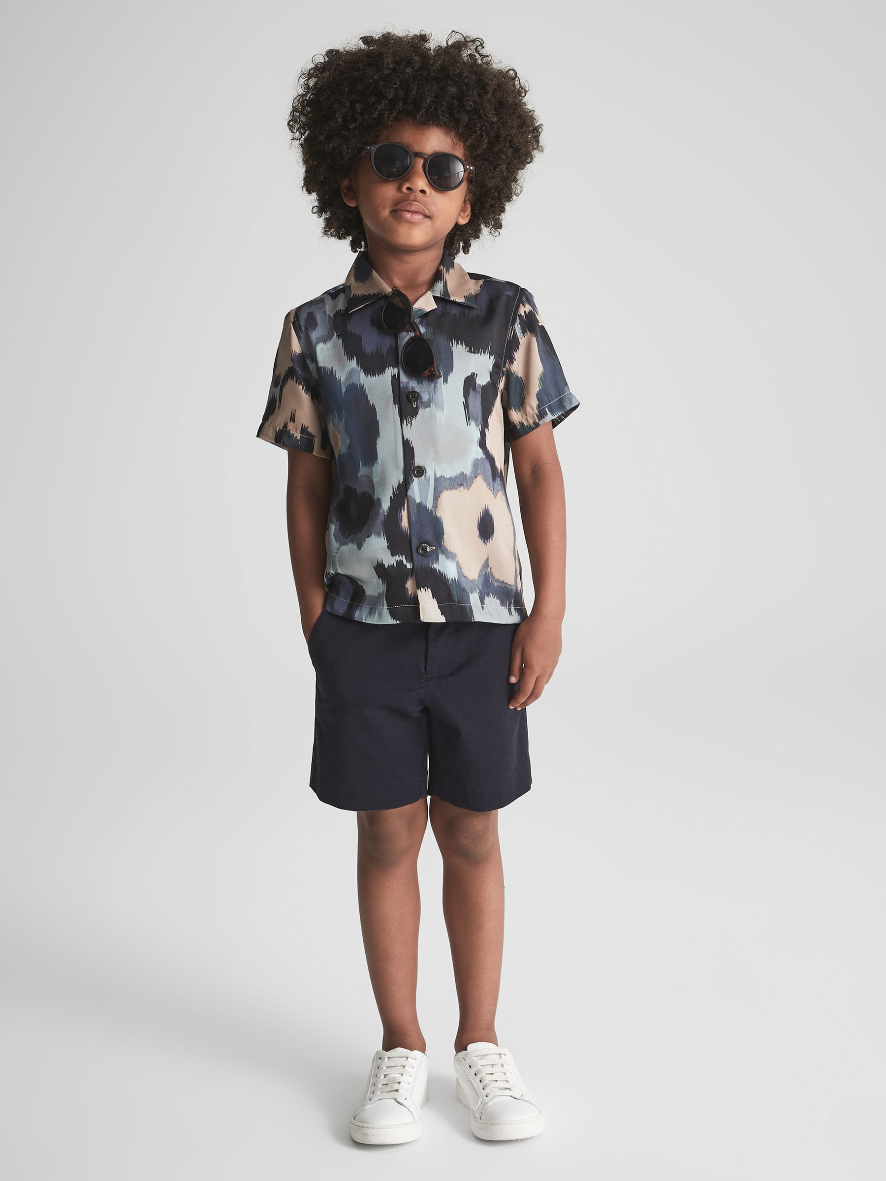 Junior Floral Print Cuban Collar Shirt in Blue - Image 1 of 7