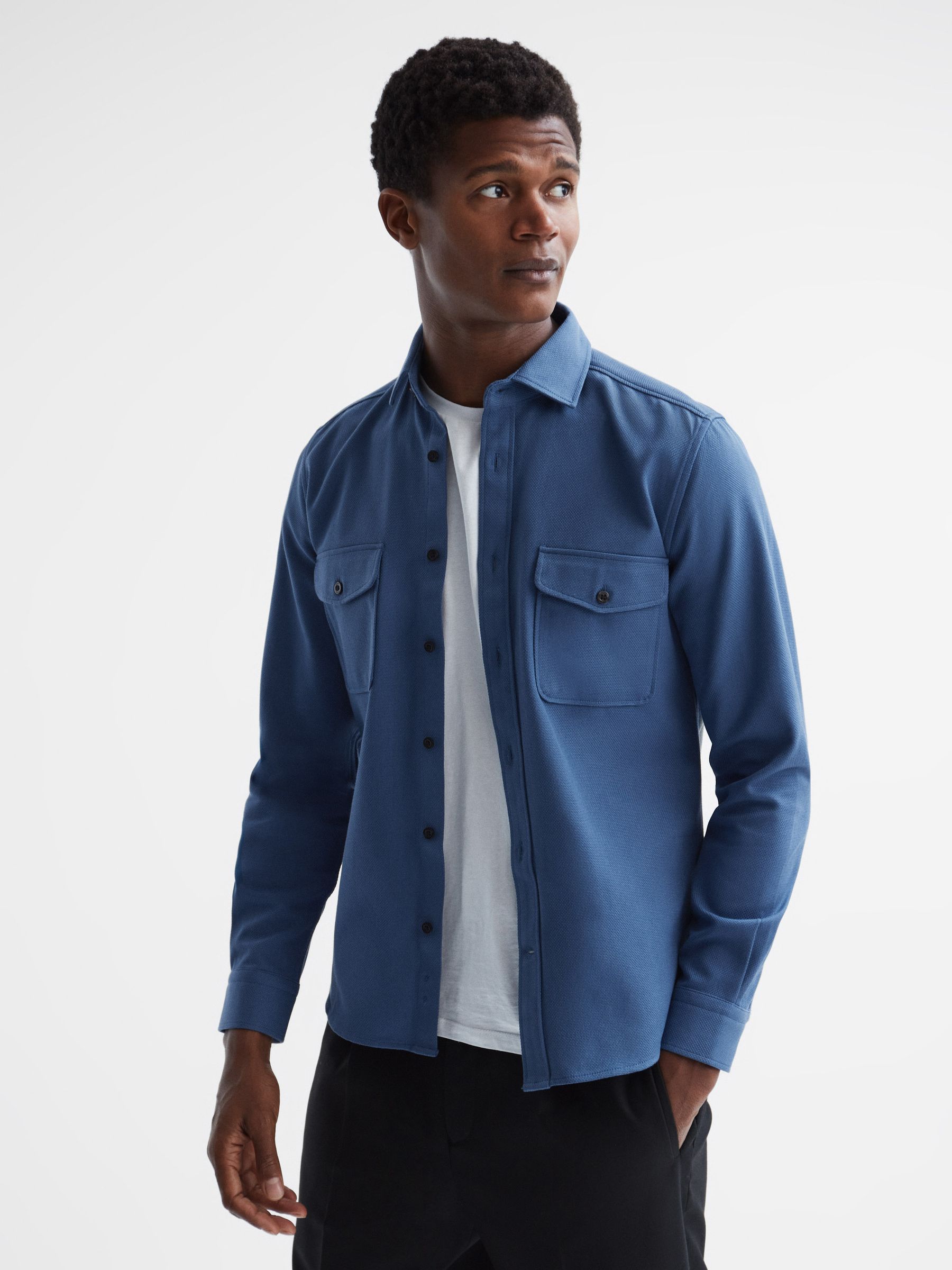 Cotton Canvas Overshirt in Airforce Blue - Image 1 of 5 Cotton Canvas Overshirt in Airforce Blue - Image 1 of 5