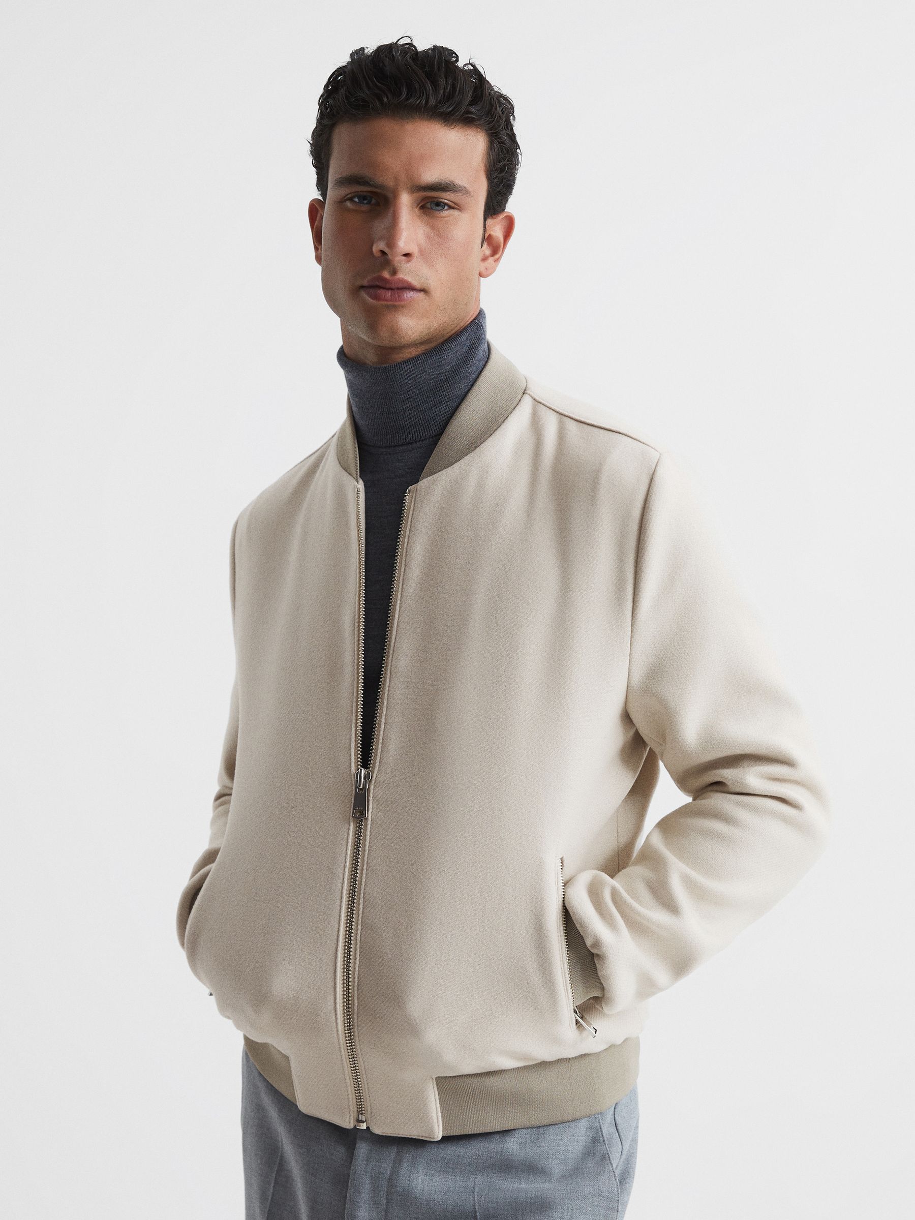 Reiss Wool Bomber Jacket in Camel REISS