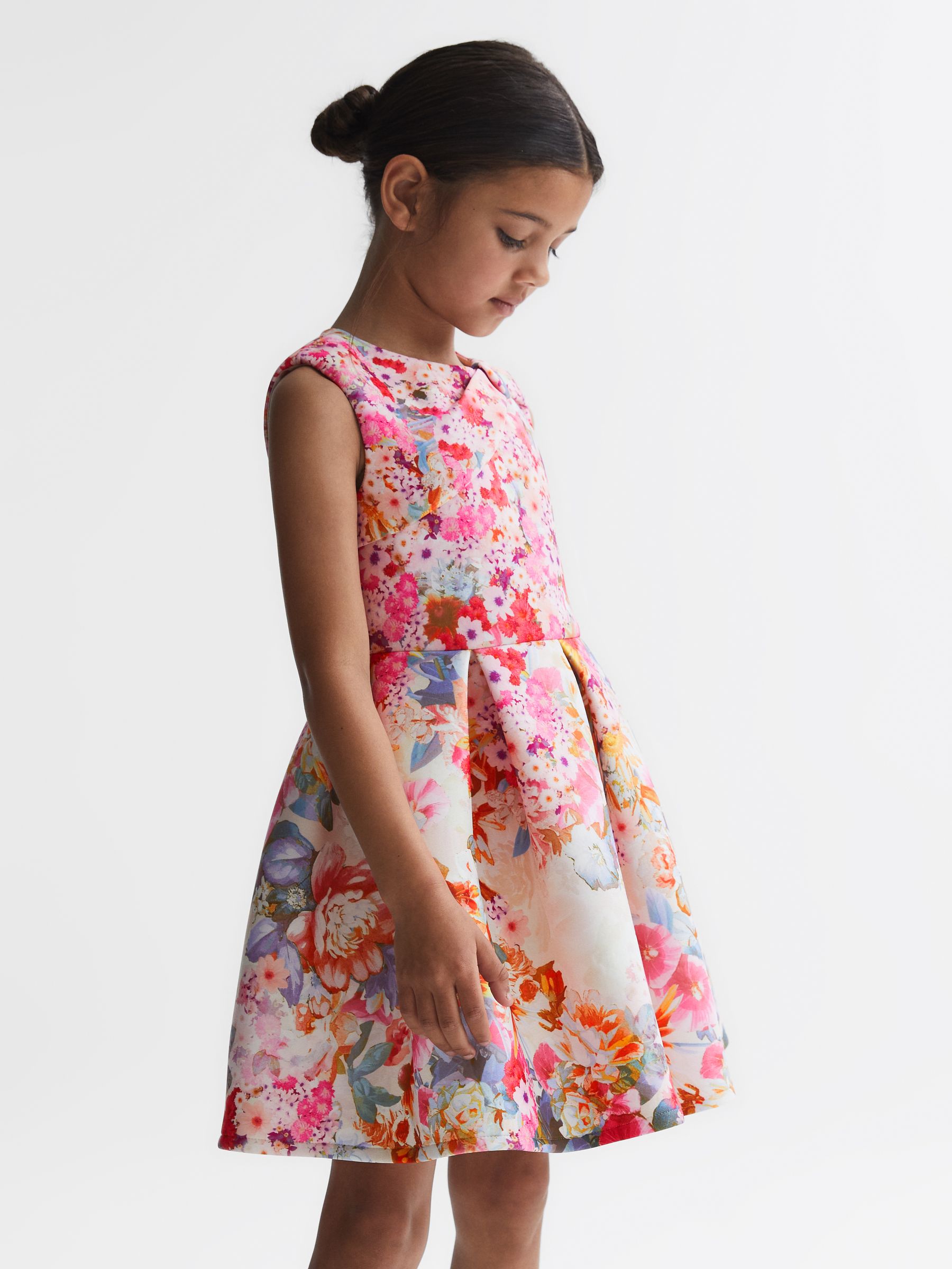 9-14 yrs Scuba Floral Printed Dress in Orange - Image 3 of 5
