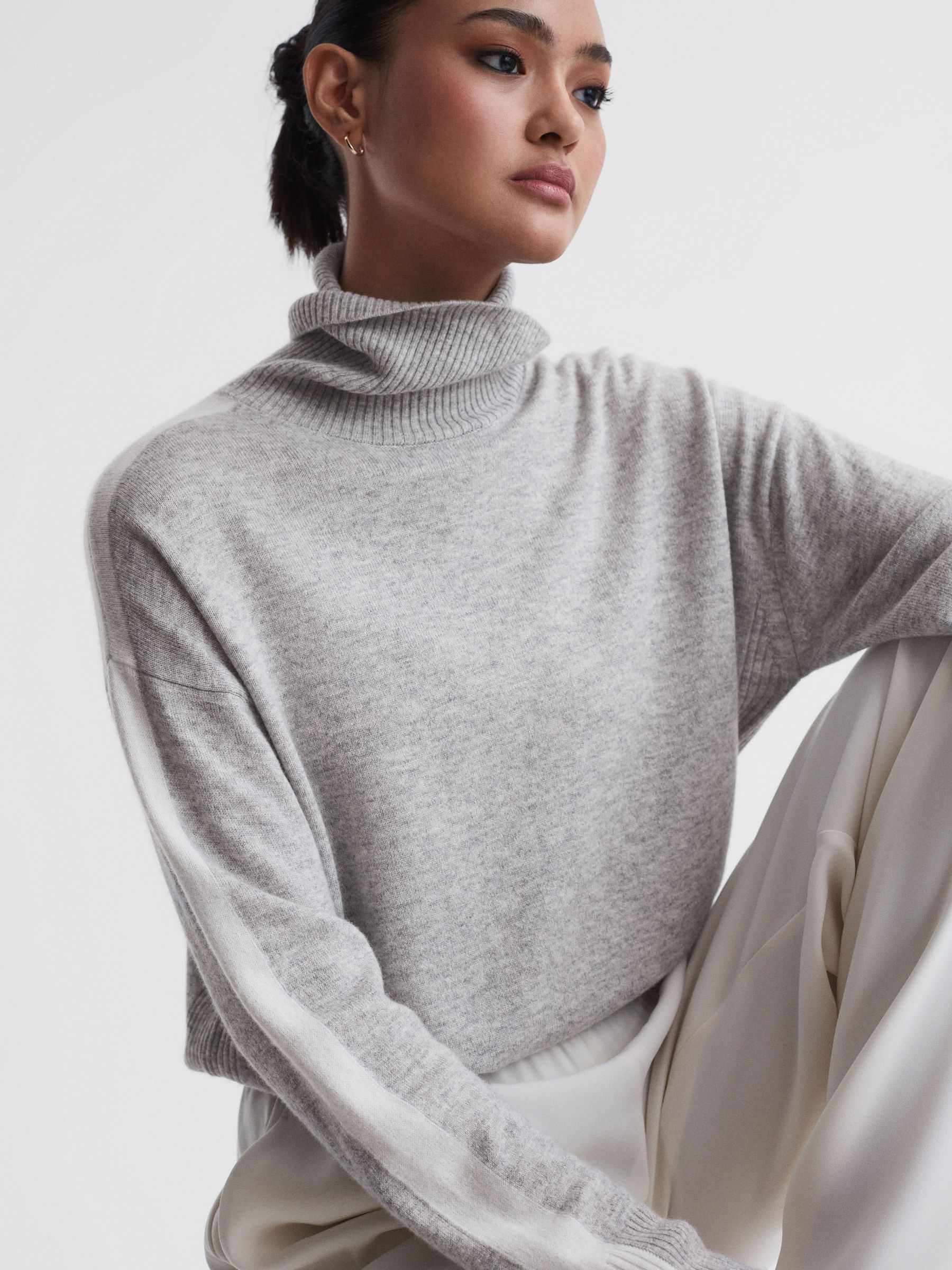 Wool Blend Roll Neck Jumper in Grey/White - Image 1 of 5