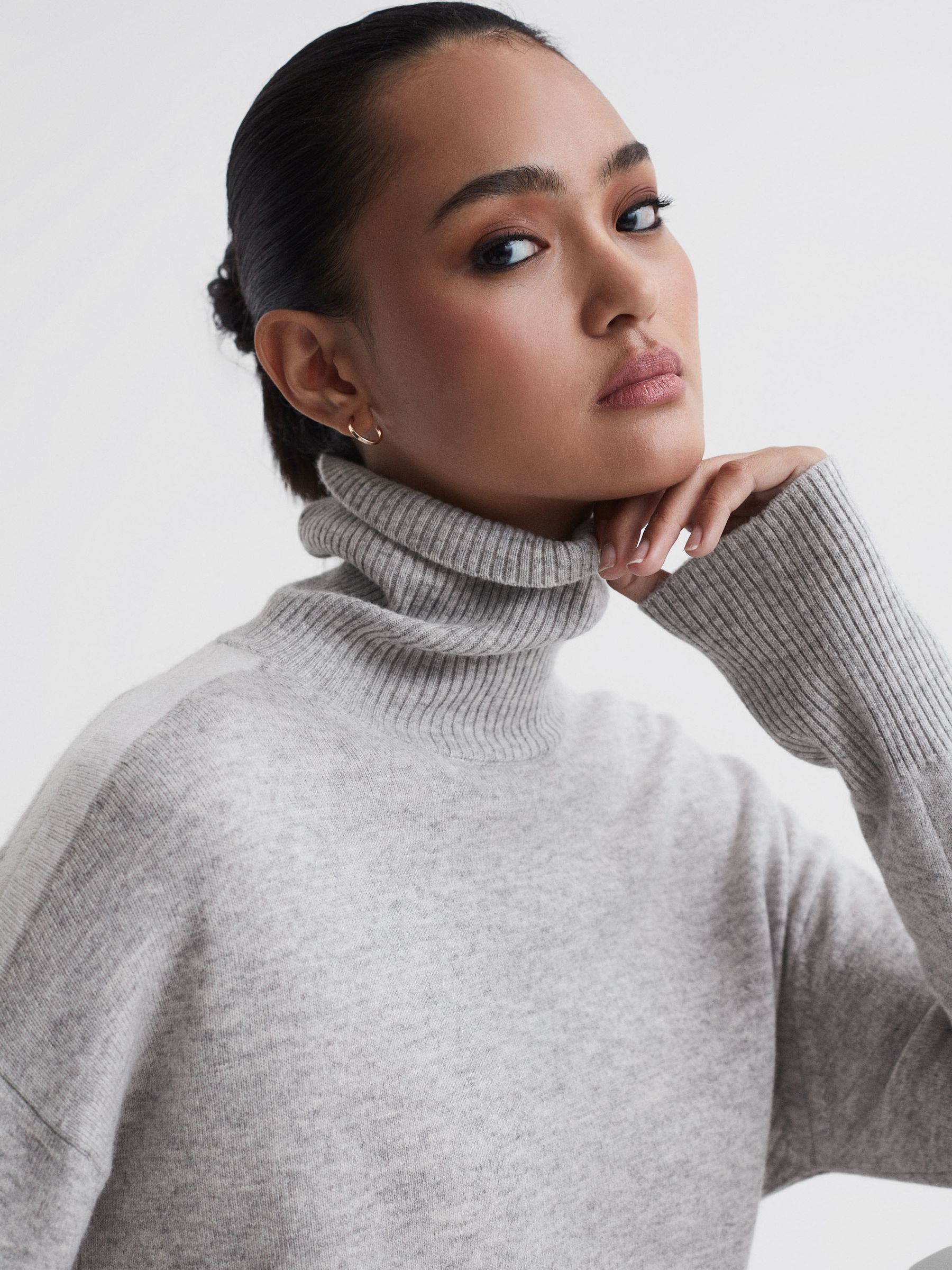 Wool Blend Roll Neck Jumper in Grey/White - Image 4 of 5