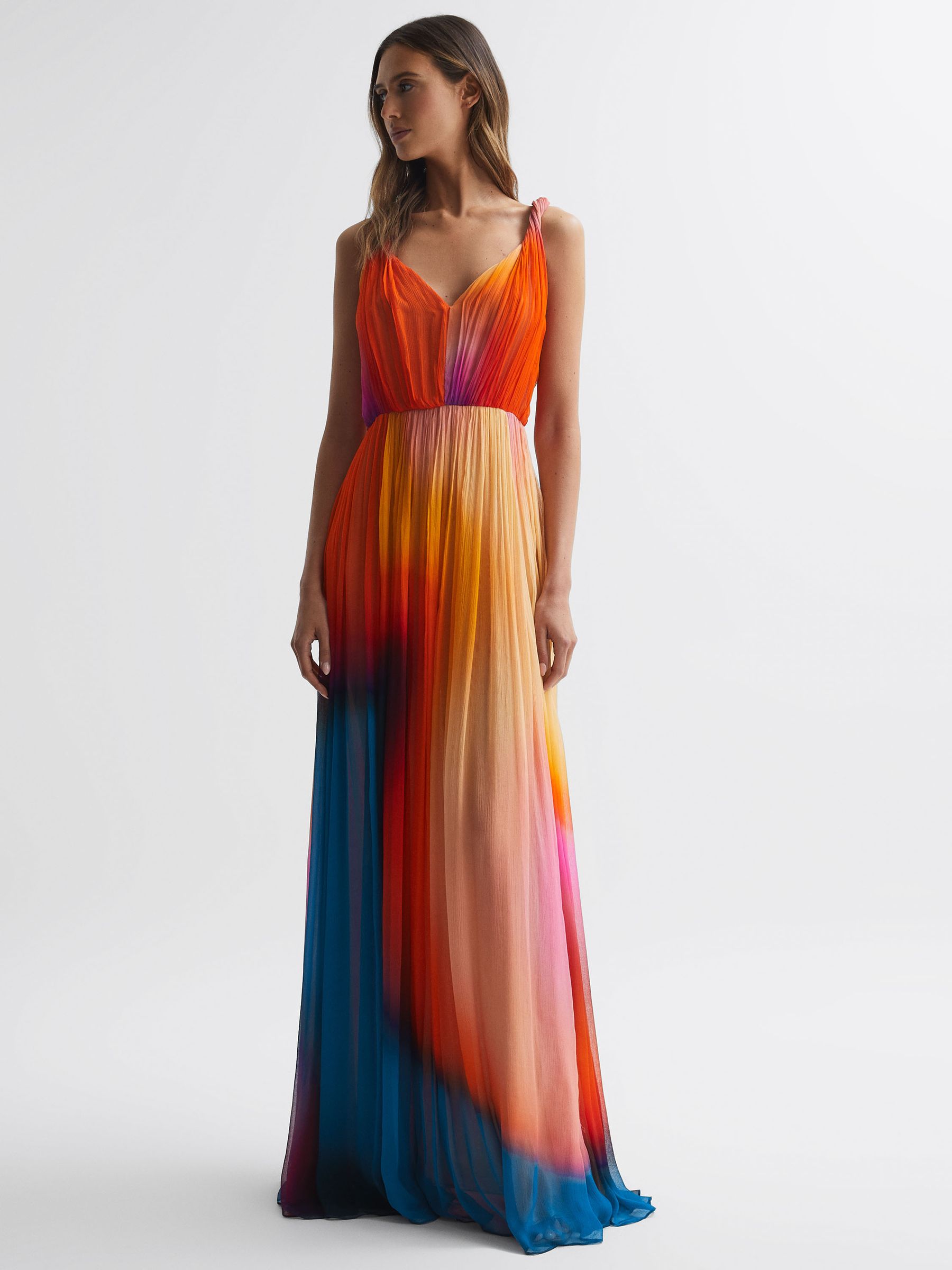 Halston Pleated Maxi Gown in Sunset Abstract - Image 1 of 6