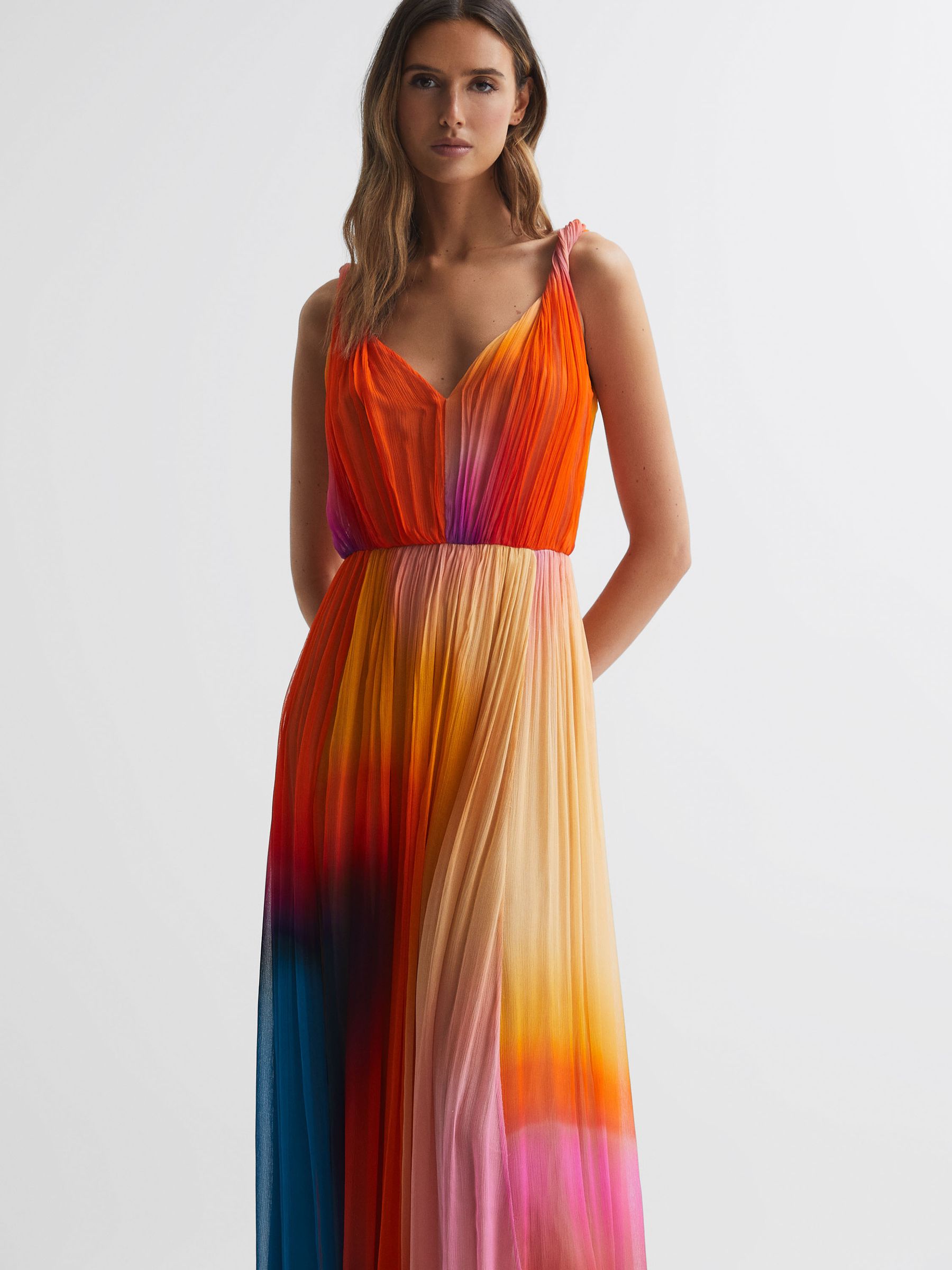 Halston Pleated Maxi Gown in Sunset Abstract - Image 4 of 6