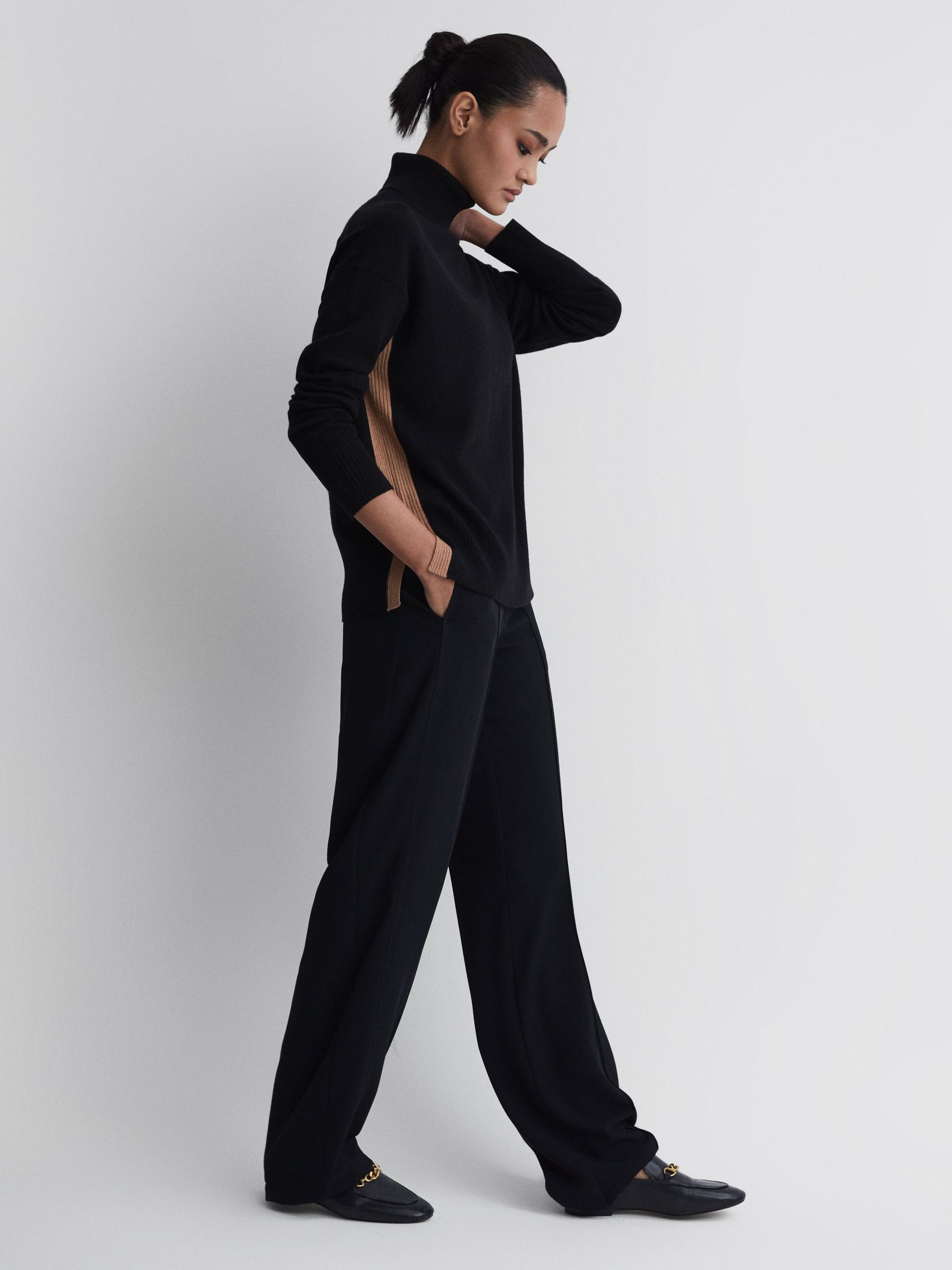 Wool Blend Roll Neck Jumper in Black/Camel - Image 3 of 5