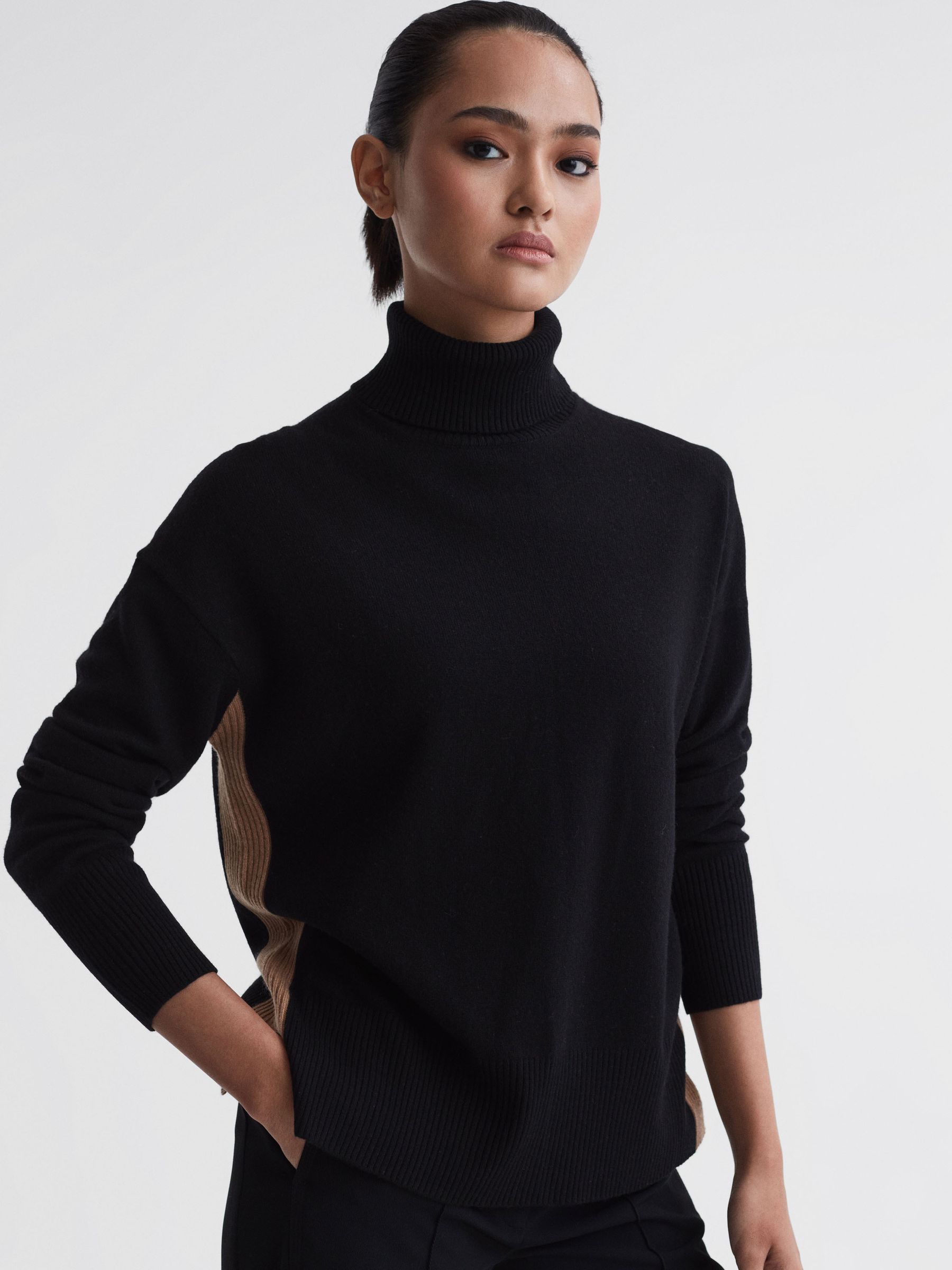 Wool Blend Roll Neck Jumper in Black/Camel - Image 4 of 5