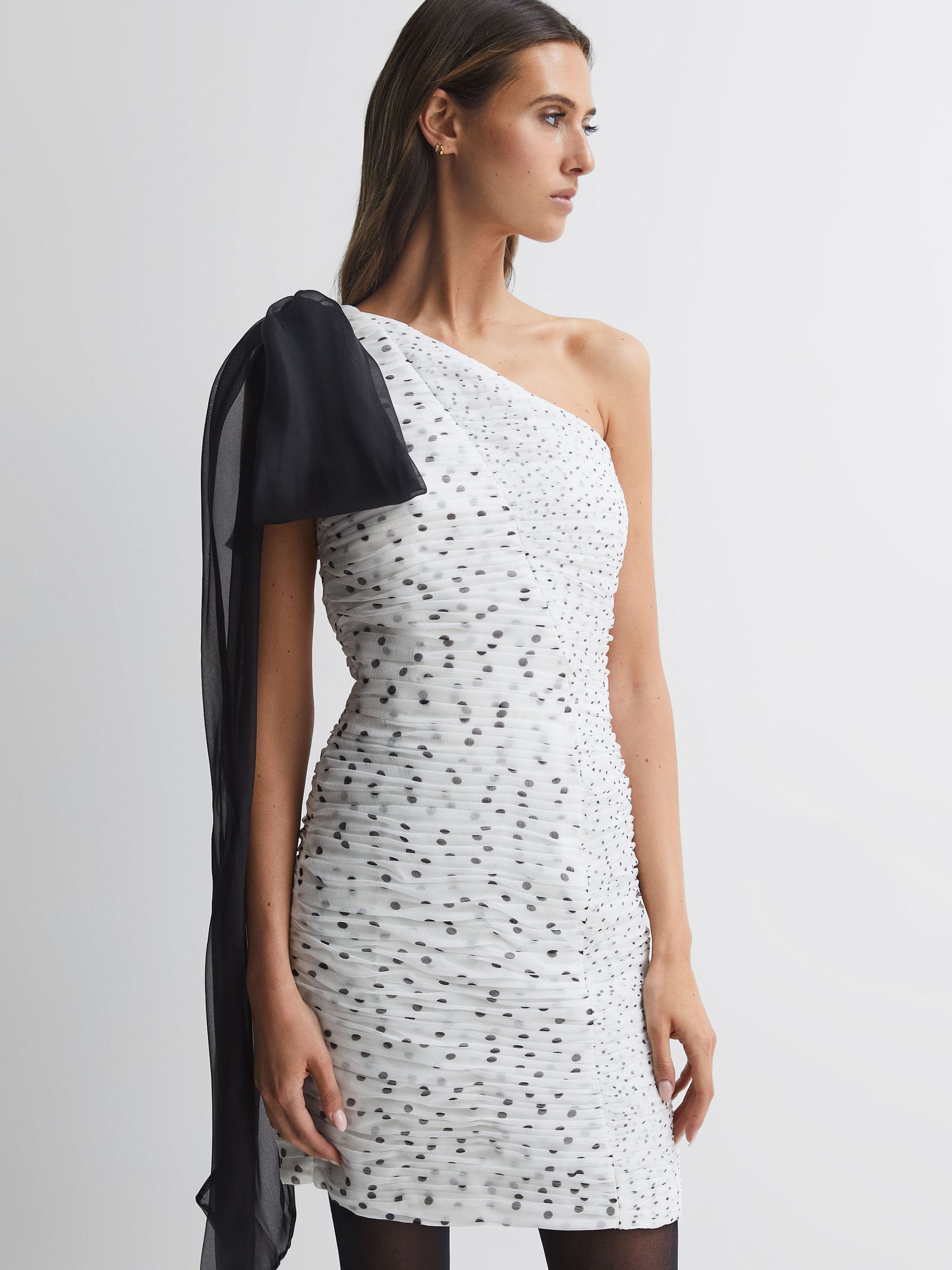 Halston Polka Dot Ruched Mini Dress in Chalk - Image 1 of 6