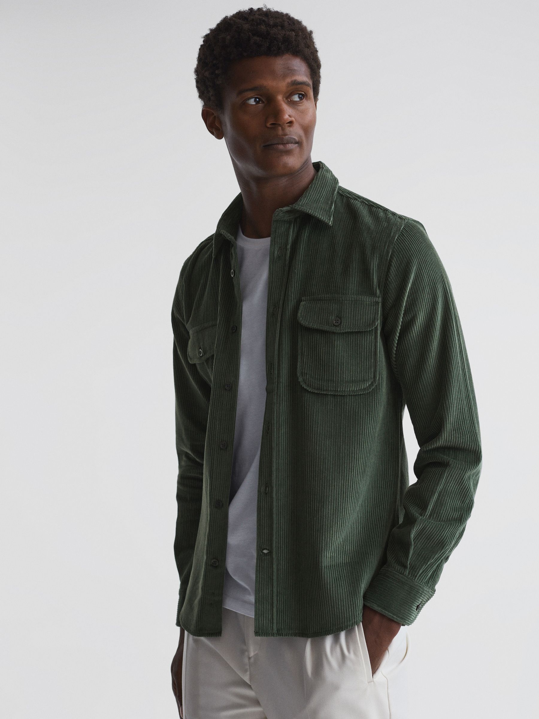 Bonucci Green Corduroy Twin Pocket Overshirt - Image 1 of 4