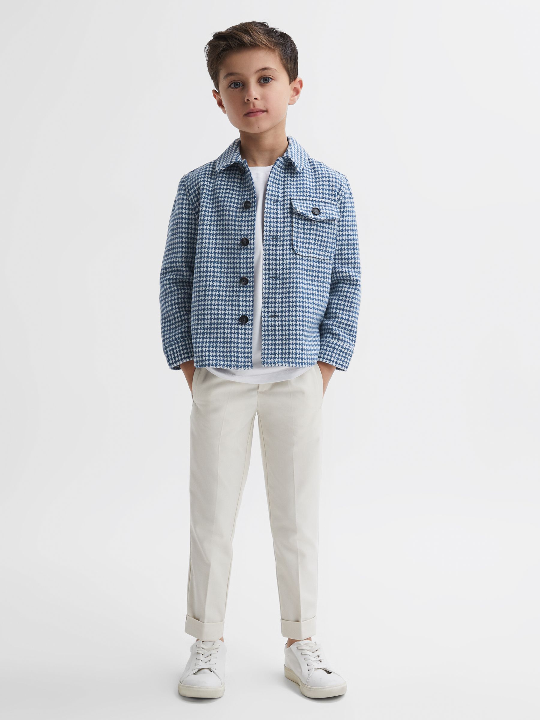 Junior Brushed Houndstooth Overshirt in Blue/White - Image 2 of 10