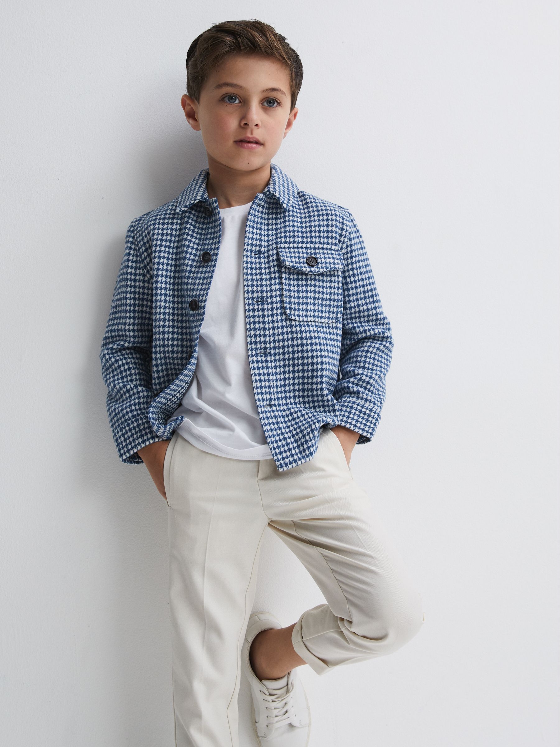 Junior Brushed Houndstooth Overshirt in Blue/White - Image 8 of 10