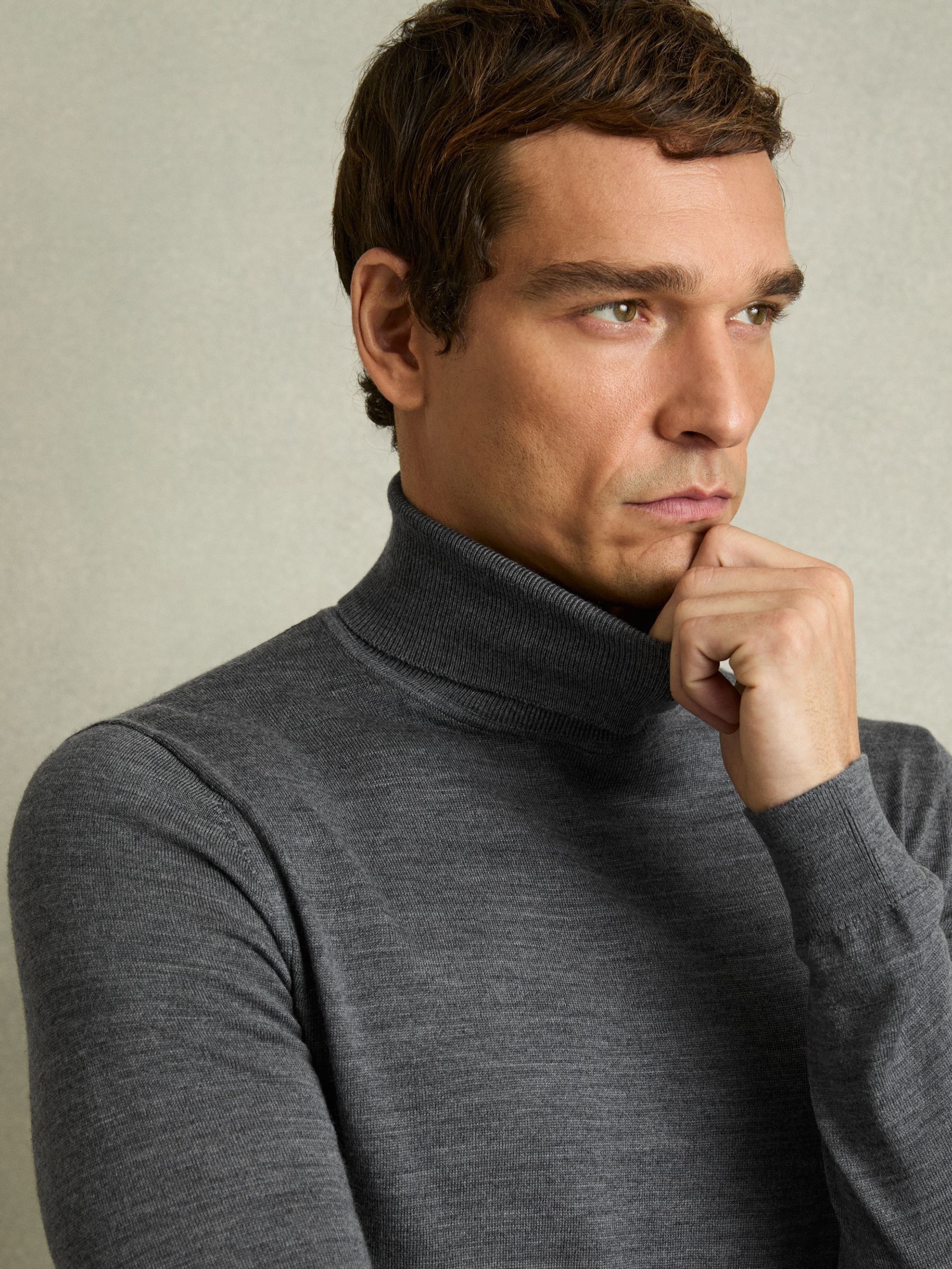 Slim Fit Merino Wool Roll Neck Jumper in Mid Grey Melange - Image 1 of 6