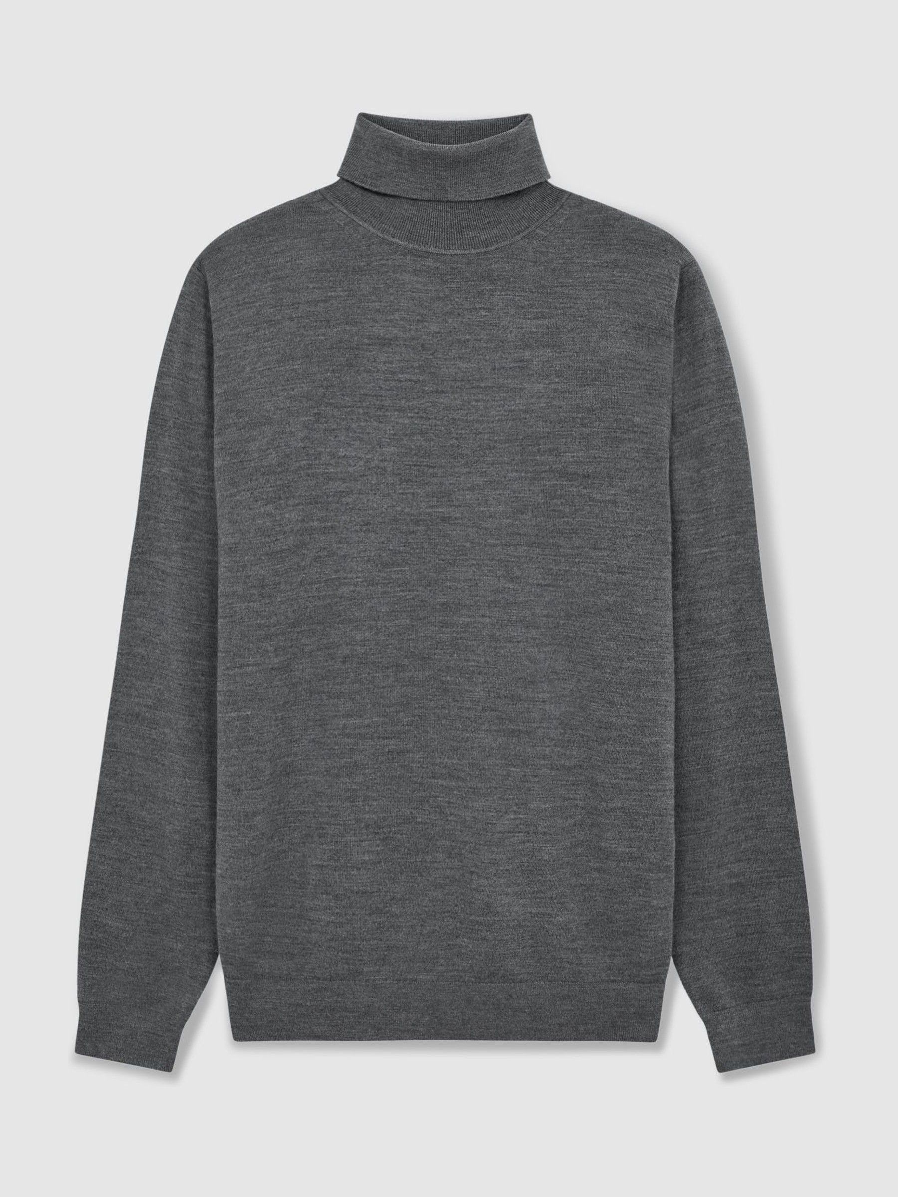 Slim Fit Merino Wool Roll Neck Jumper in Mid Grey Melange - Image 2 of 6 Slim Fit Merino Wool Roll Neck Jumper in Mid Grey Melange - Image 2 of 6