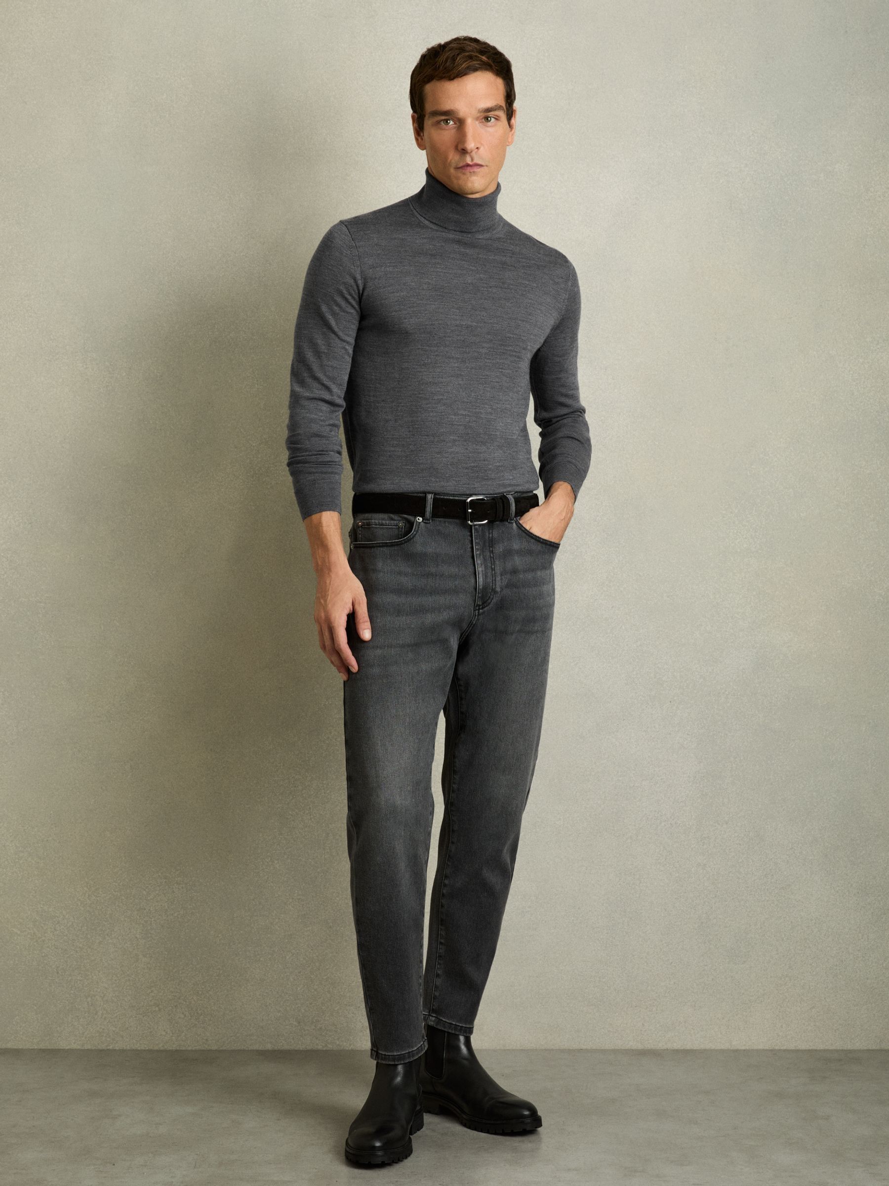 Slim Fit Merino Wool Roll Neck Jumper in Mid Grey Melange - Image 3 of 6