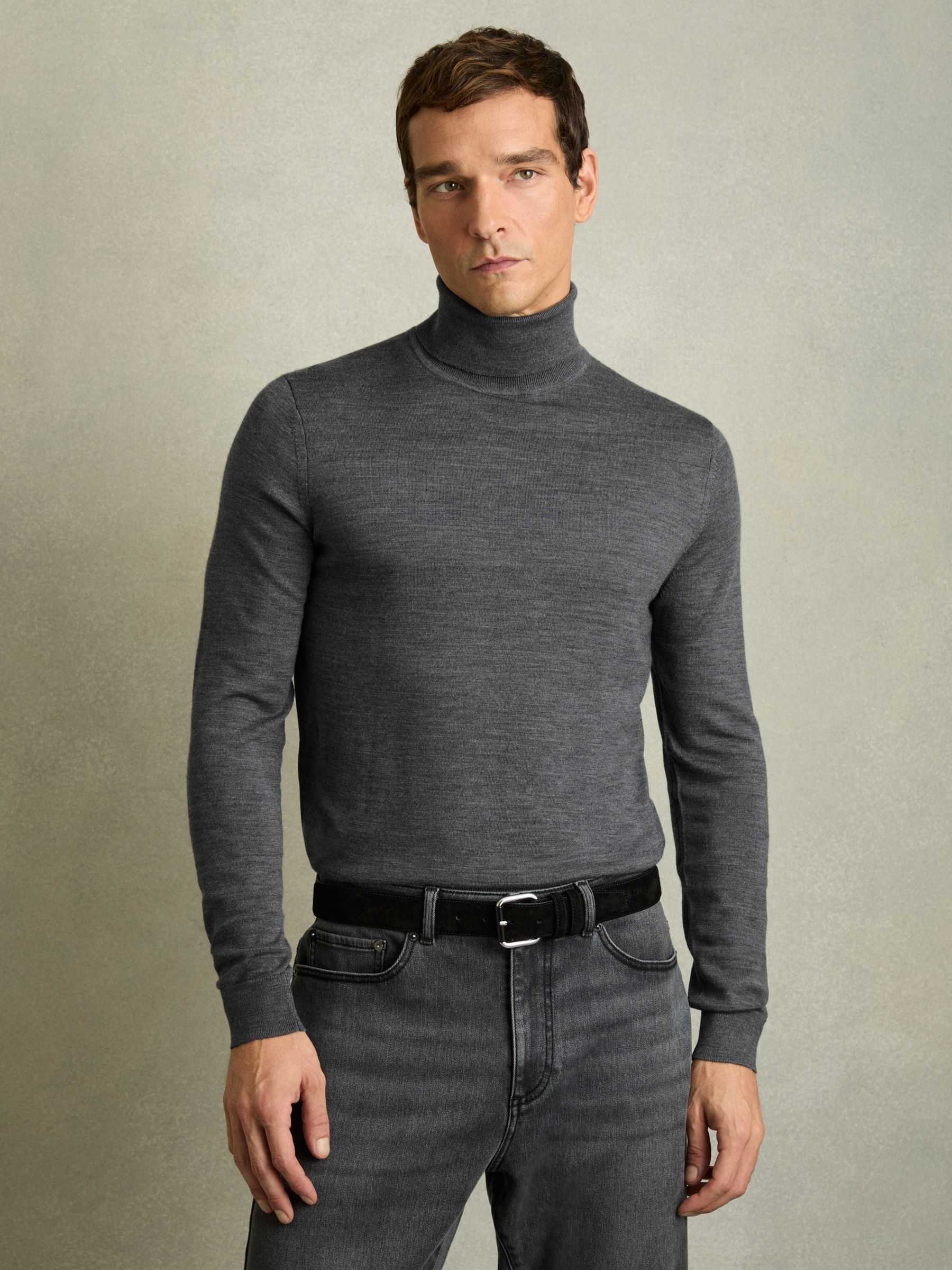 Slim Fit Merino Wool Roll Neck Jumper in Mid Grey Melange - Image 4 of 6