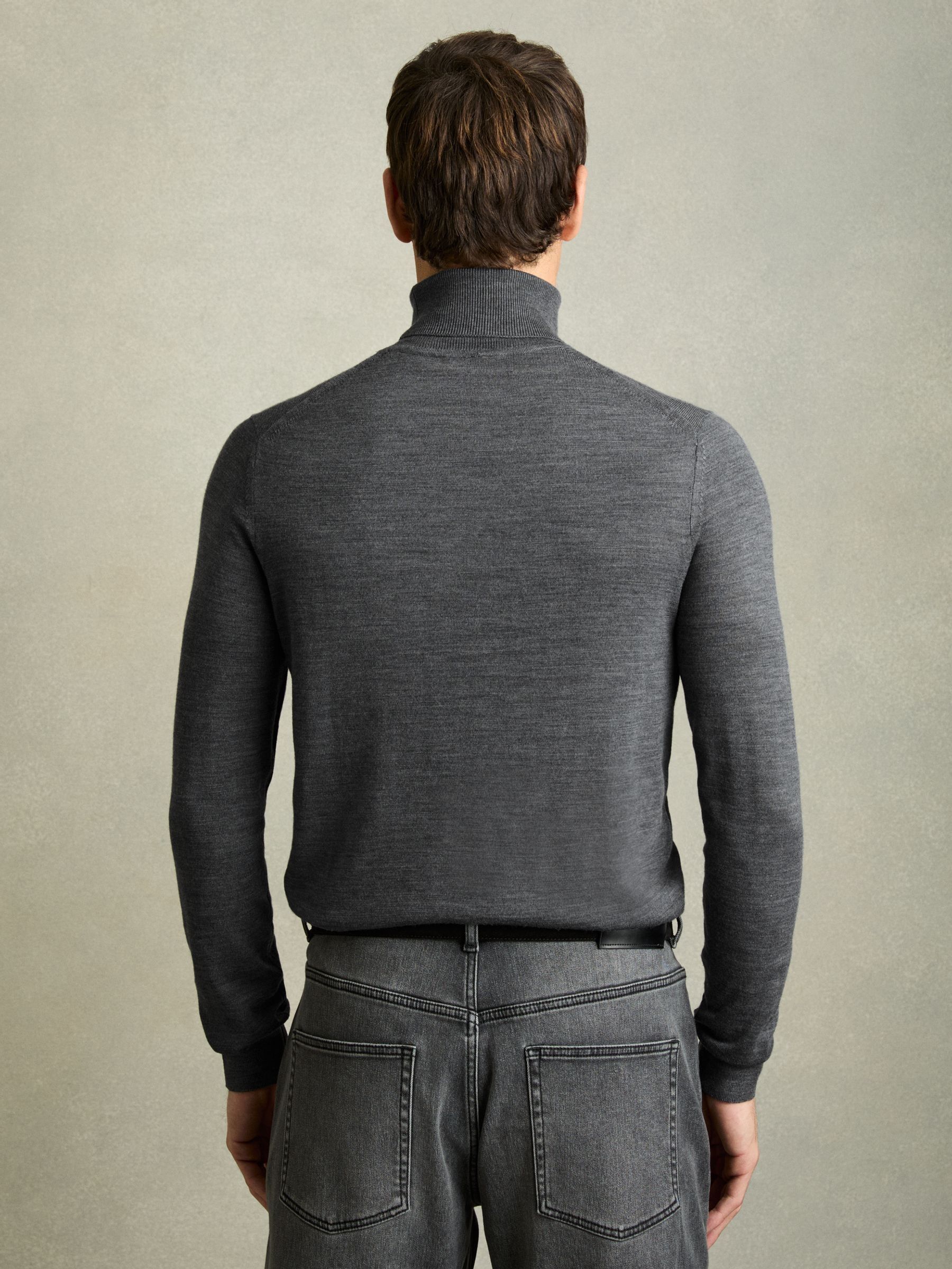 Slim Fit Merino Wool Roll Neck Jumper in Mid Grey Melange - Image 5 of 6