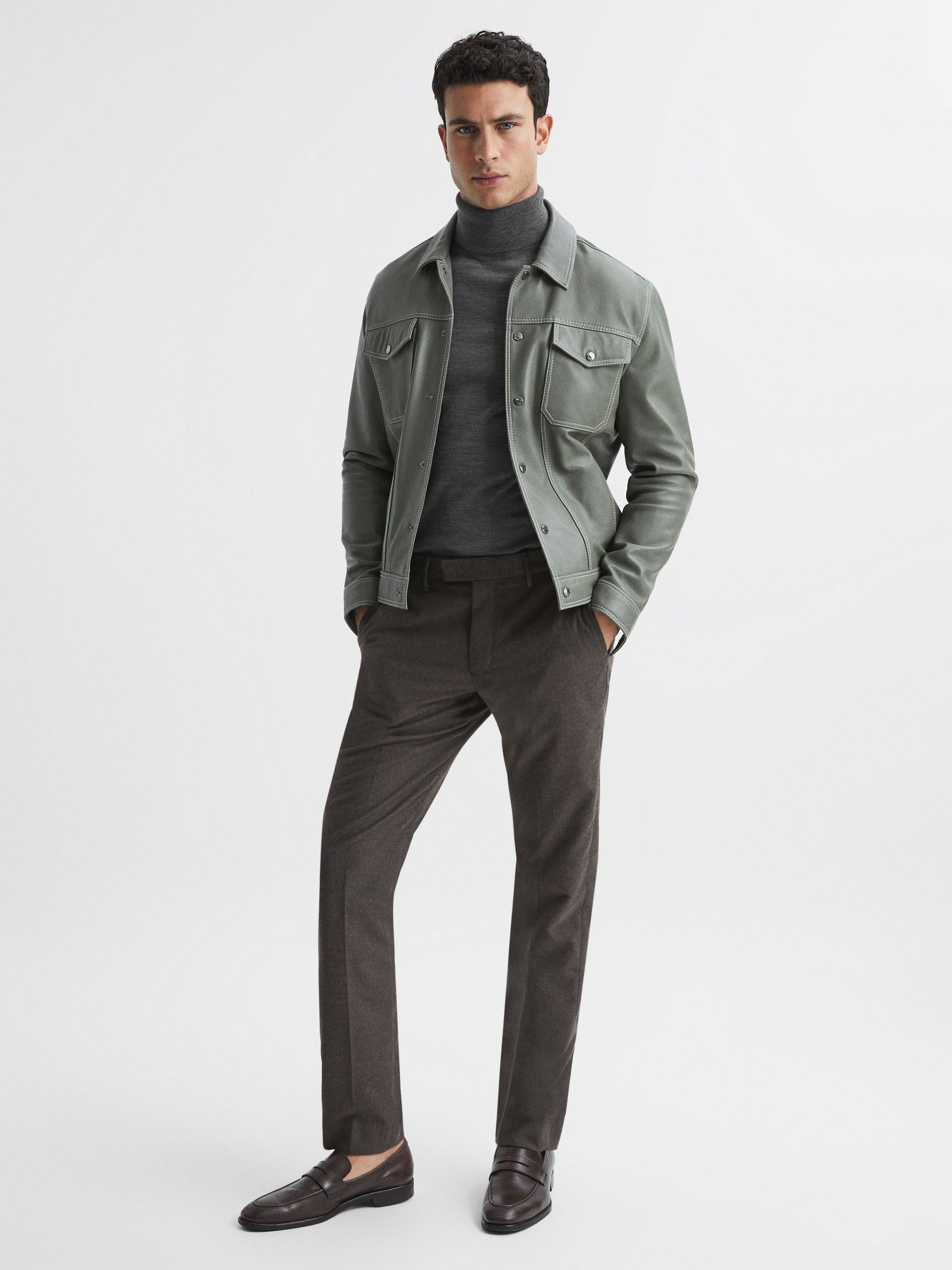 Slim Fit Merino Wool Roll Neck Jumper in Mid Grey Melange - Image 6 of 6