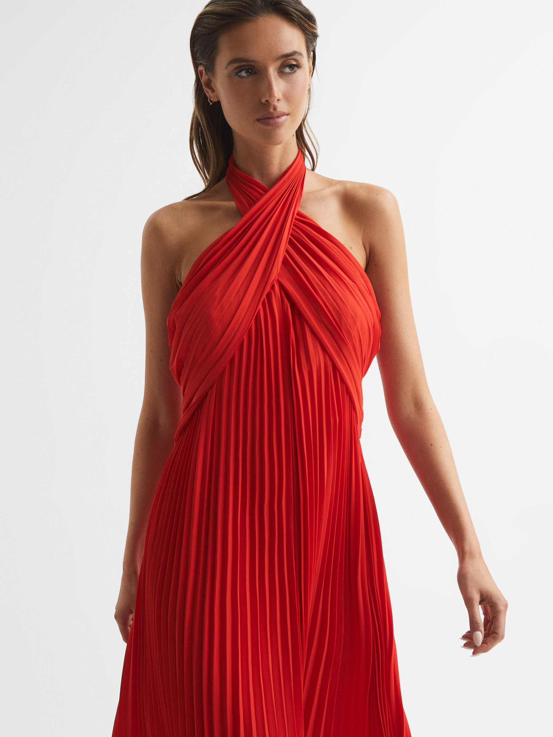 Halter Neck Pleat Midi Dress in Red - Image 3 of 6
