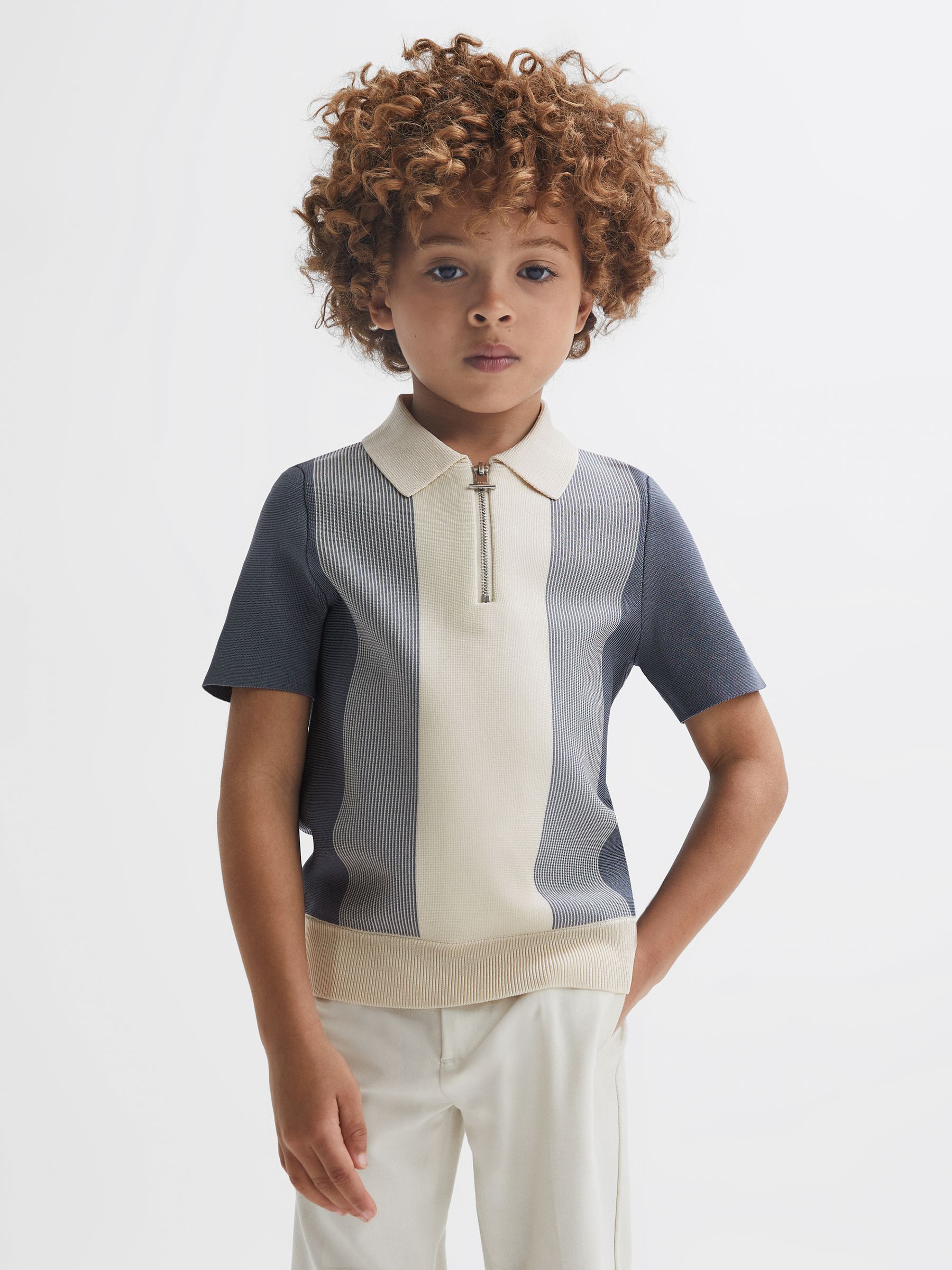 Half-Zip Striped Polo Shirt in Airforce Blue/Ecru - Image 1 of 6