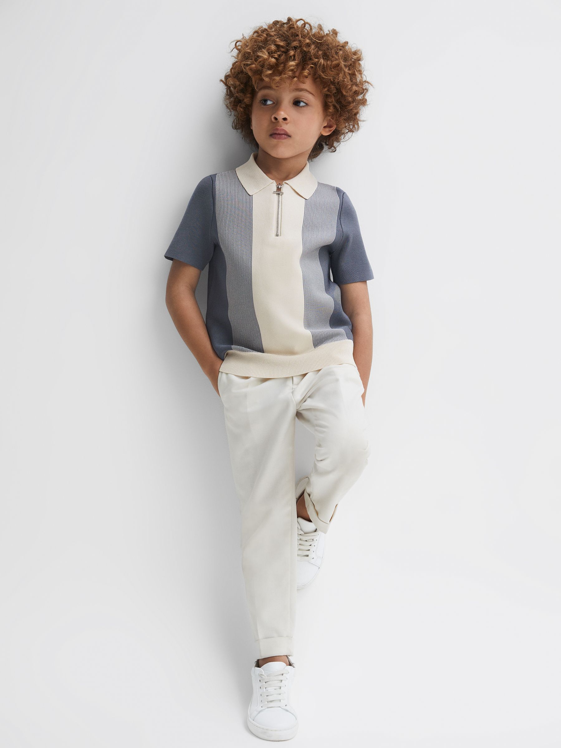 Half-Zip Striped Polo Shirt in Airforce Blue/Ecru - Image 3 of 6