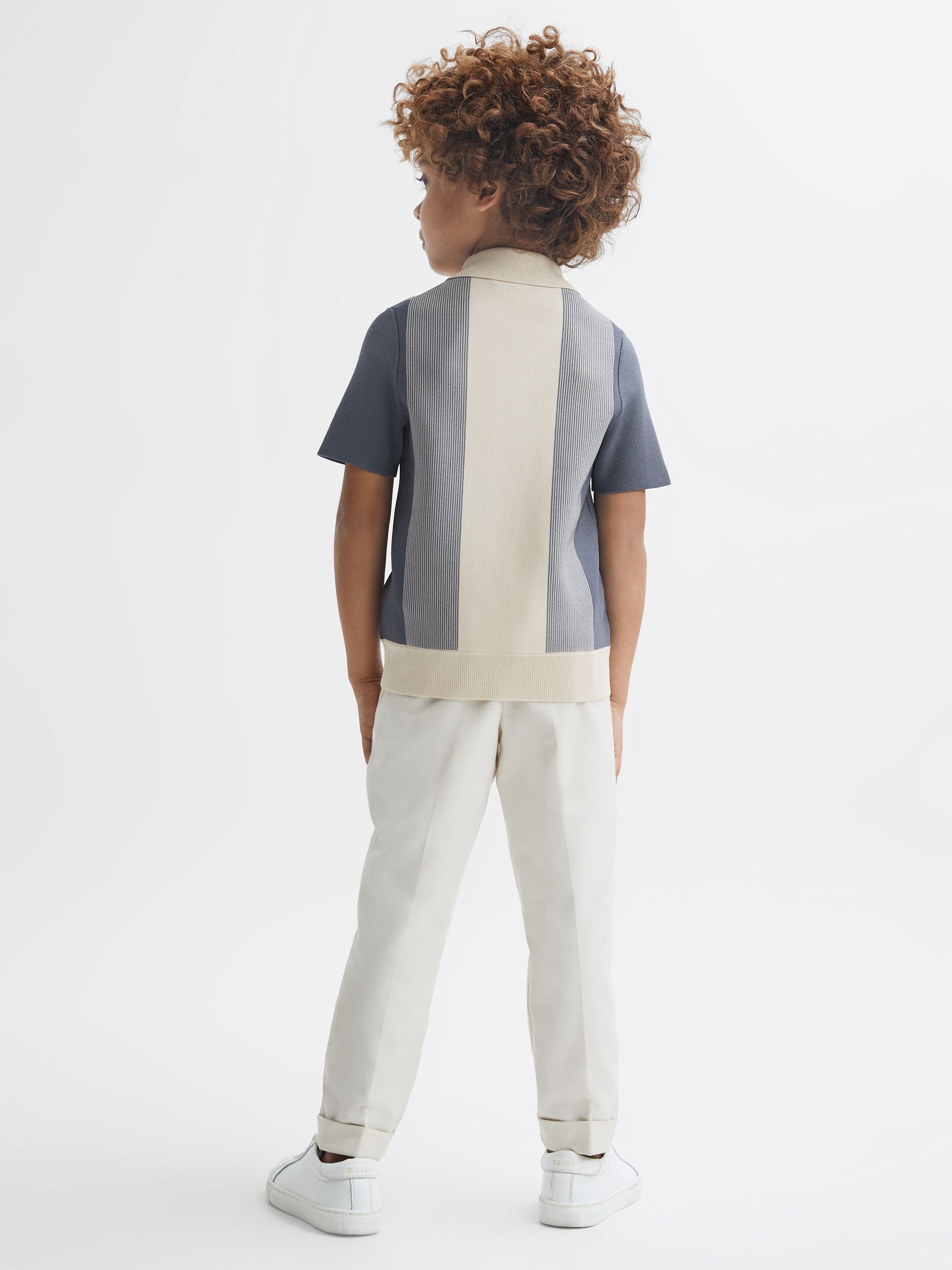 Half-Zip Striped Polo Shirt in Airforce Blue/Ecru - Image 5 of 6