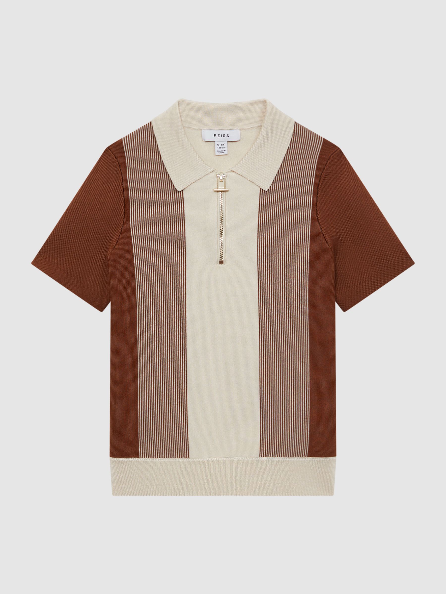 Half-Zip Striped Polo Shirt in Tobacco/Ecru - Image 2 of 6