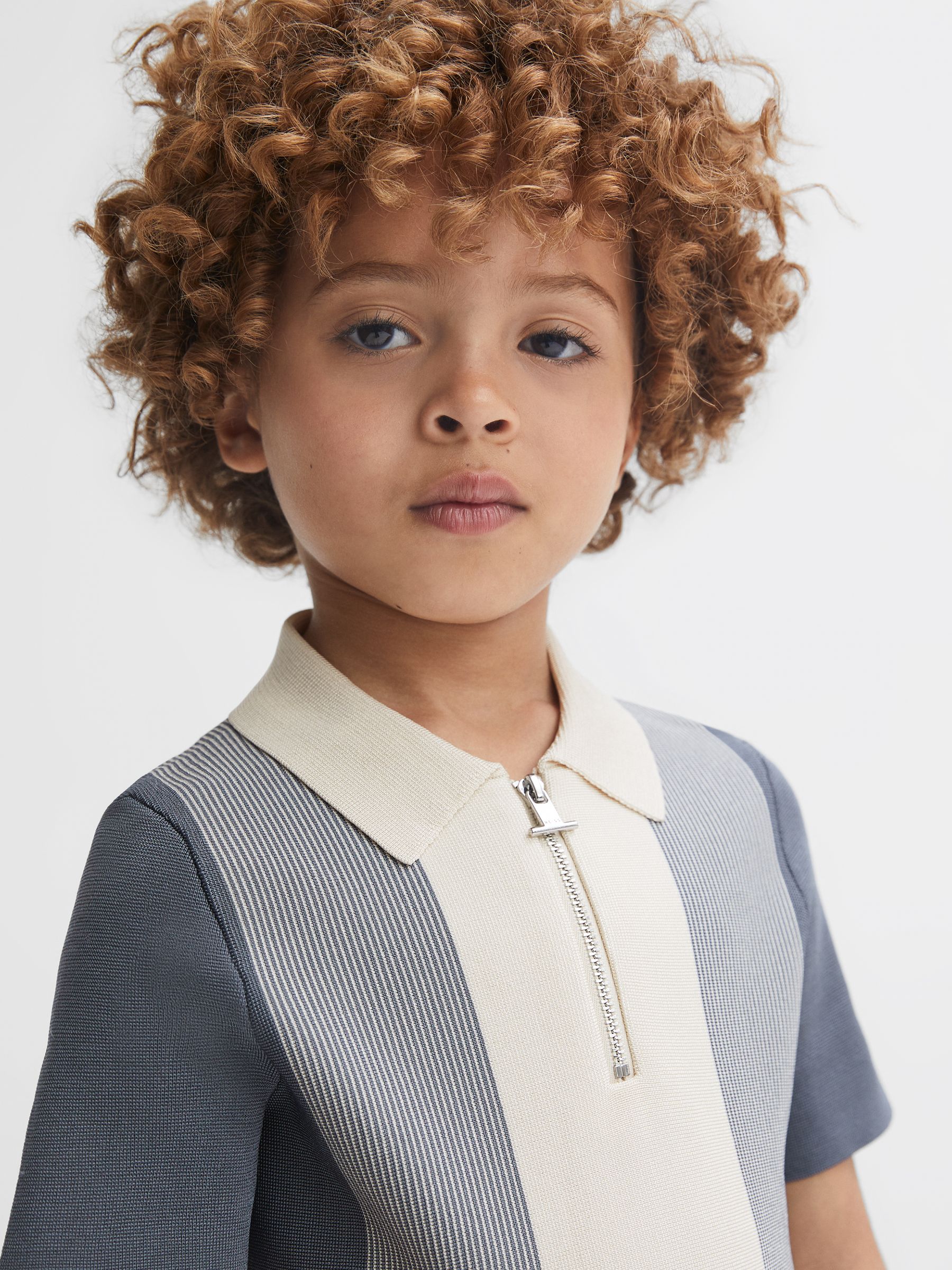 Junior Half-Zip Striped Polo Shirt in Airforce Blue/Ecru - Image 4 of 6