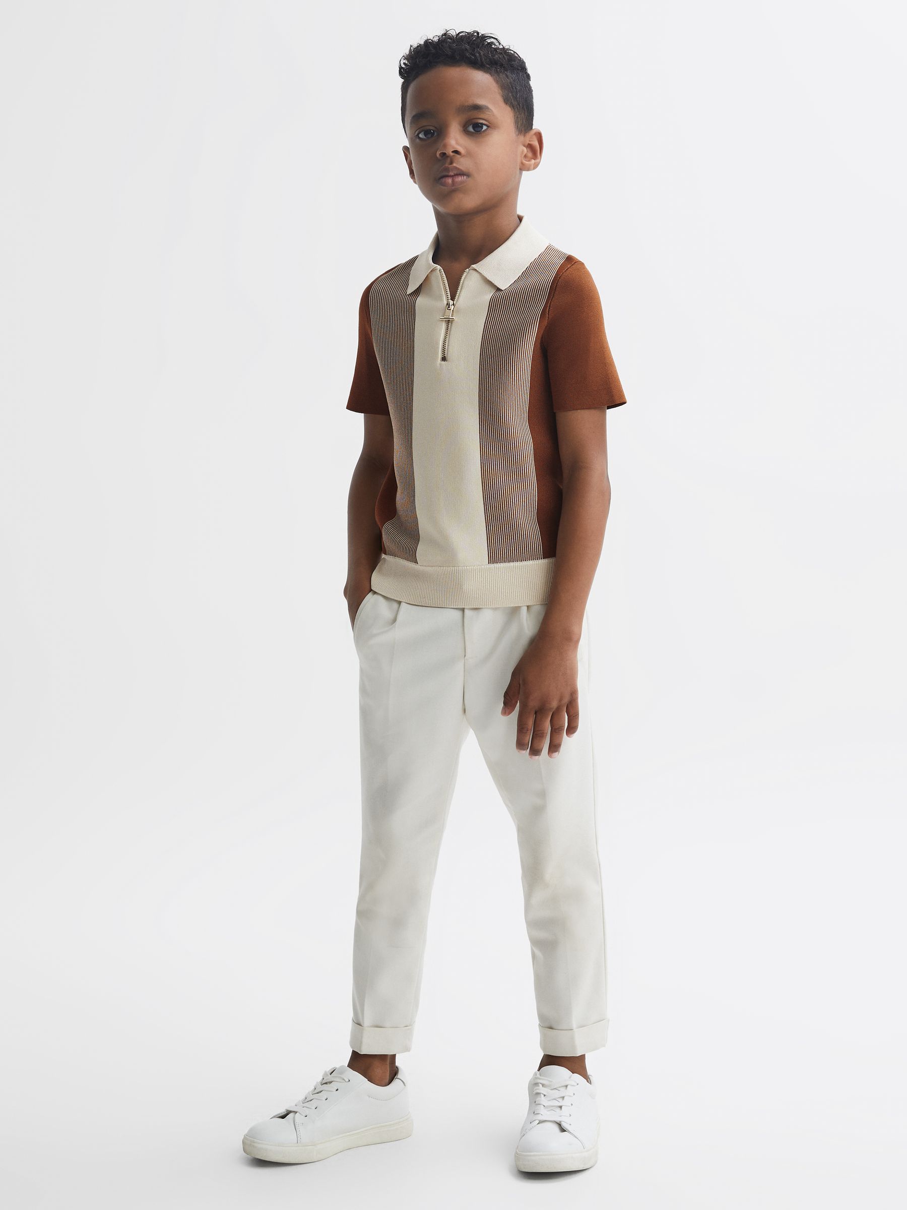 Junior Half-Zip Striped Polo Shirt in Tobacco/Cream - Image 1 of 6