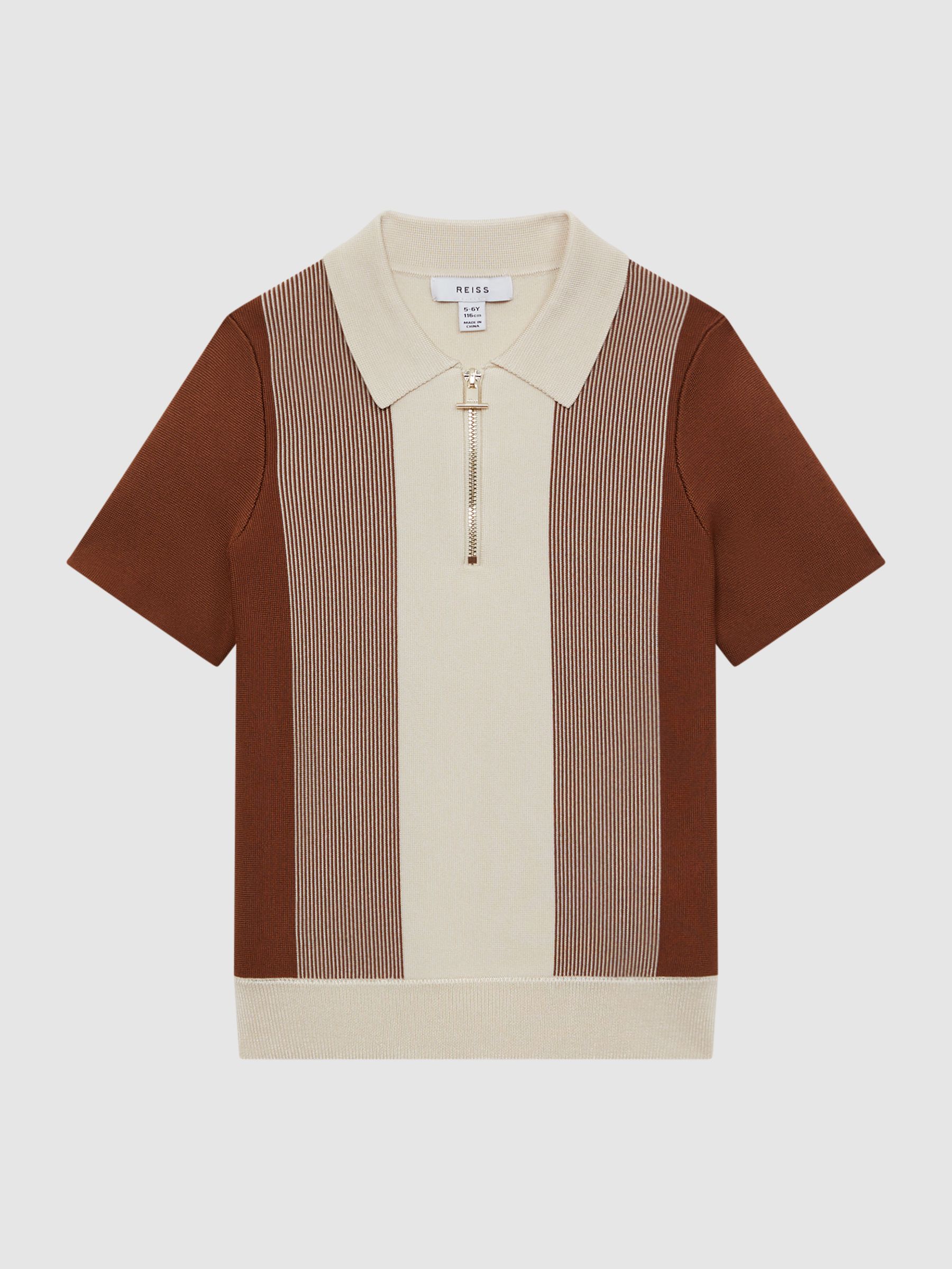 Junior Half-Zip Striped Polo Shirt in Tobacco/Cream - Image 2 of 6