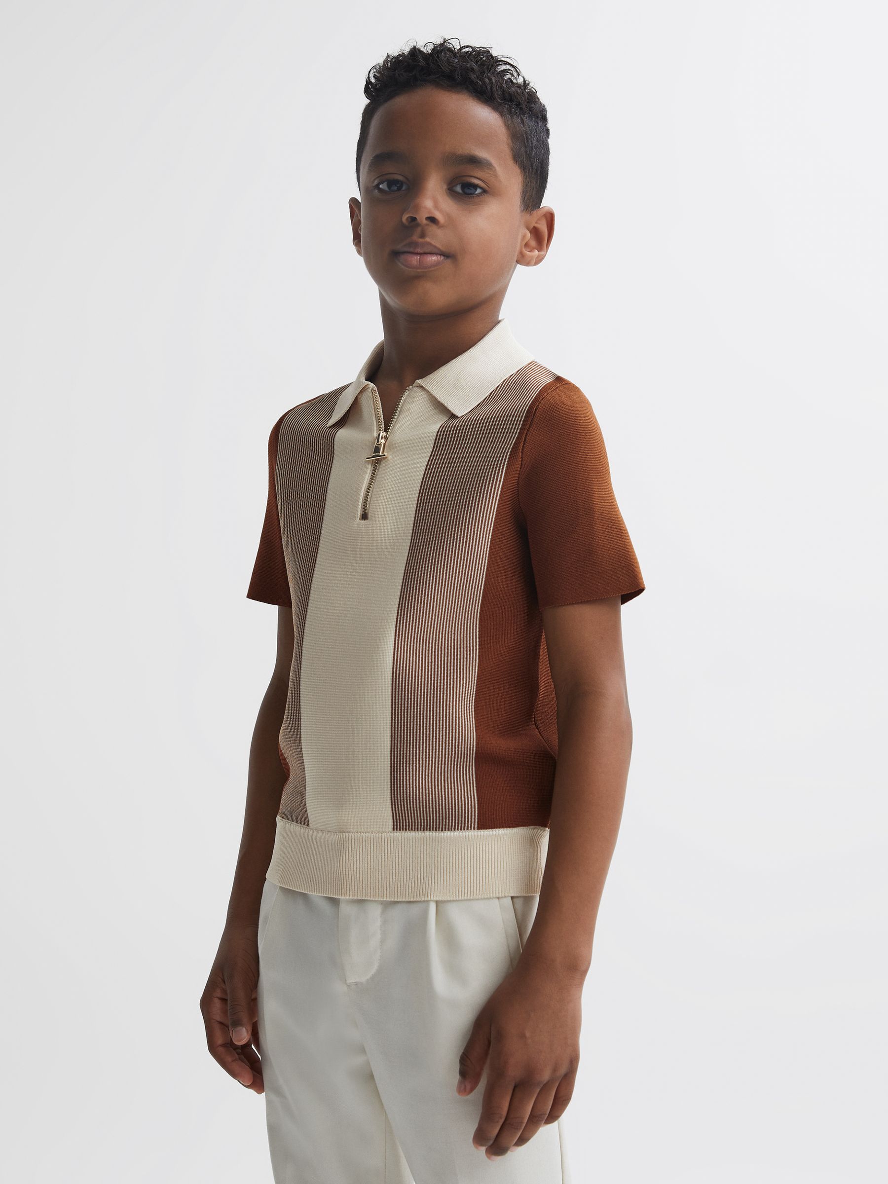 Junior Half-Zip Striped Polo Shirt in Tobacco/Cream - Image 3 of 6