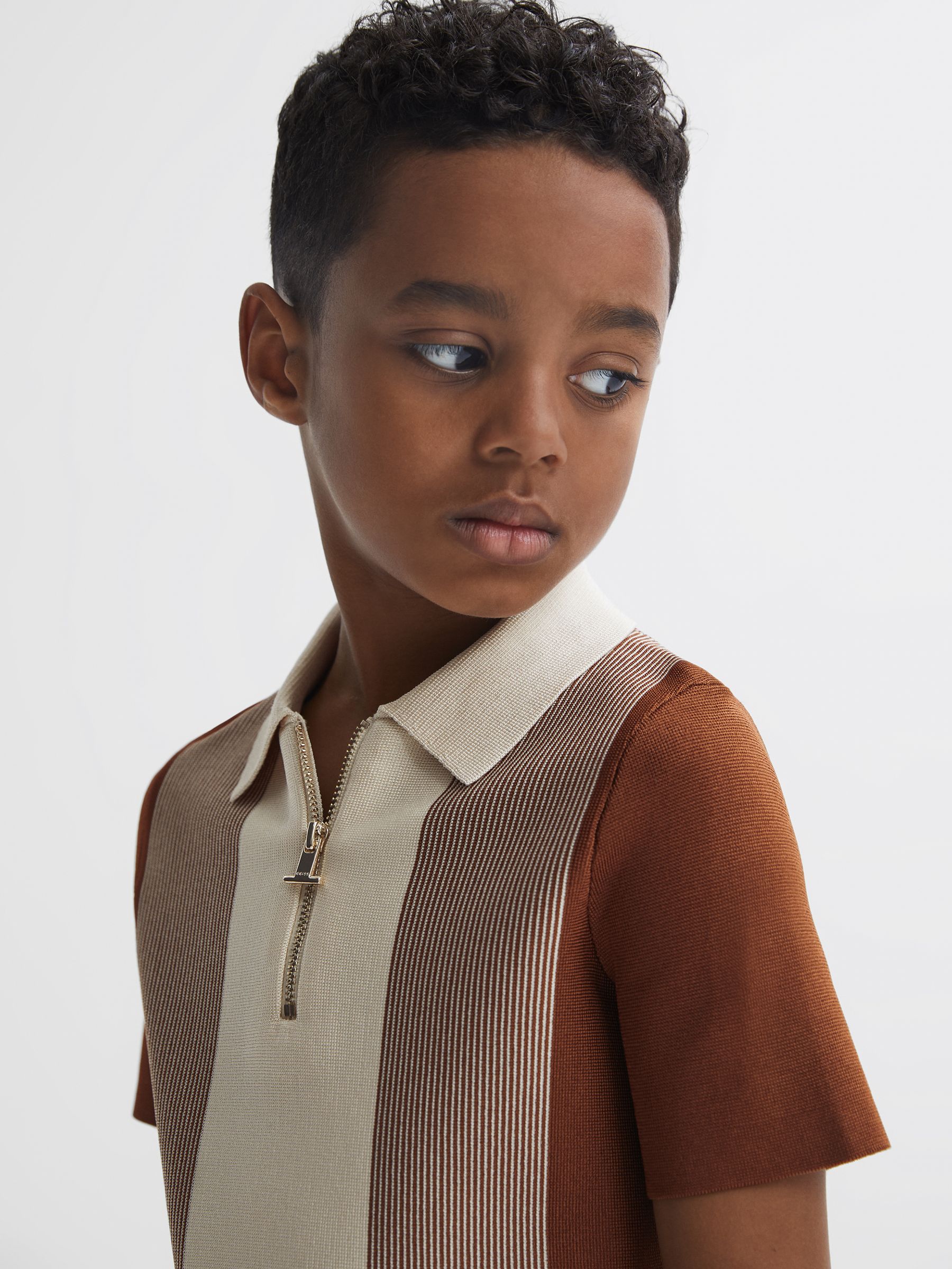 Junior Half-Zip Striped Polo Shirt in Tobacco/Cream - Image 4 of 6