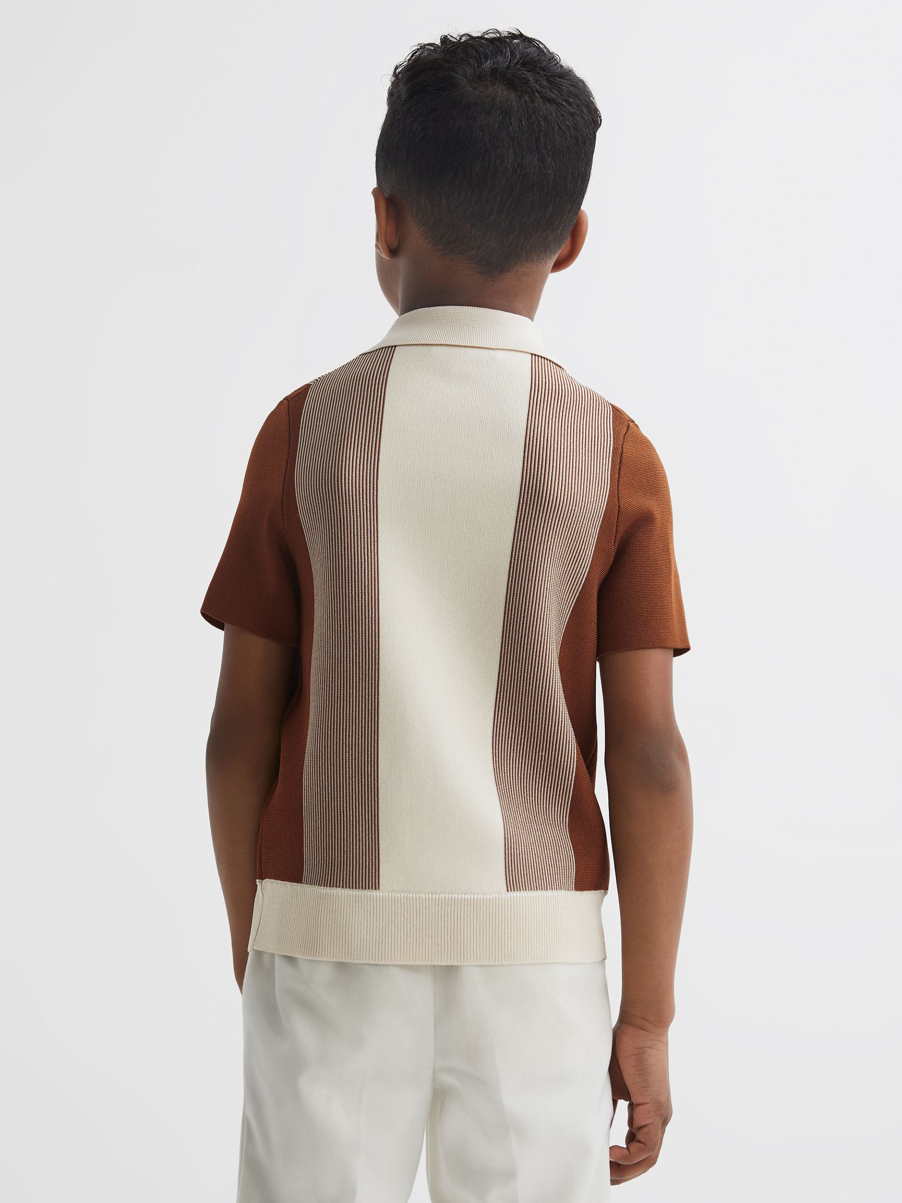 Junior Half-Zip Striped Polo Shirt in Tobacco/Cream - Image 5 of 6