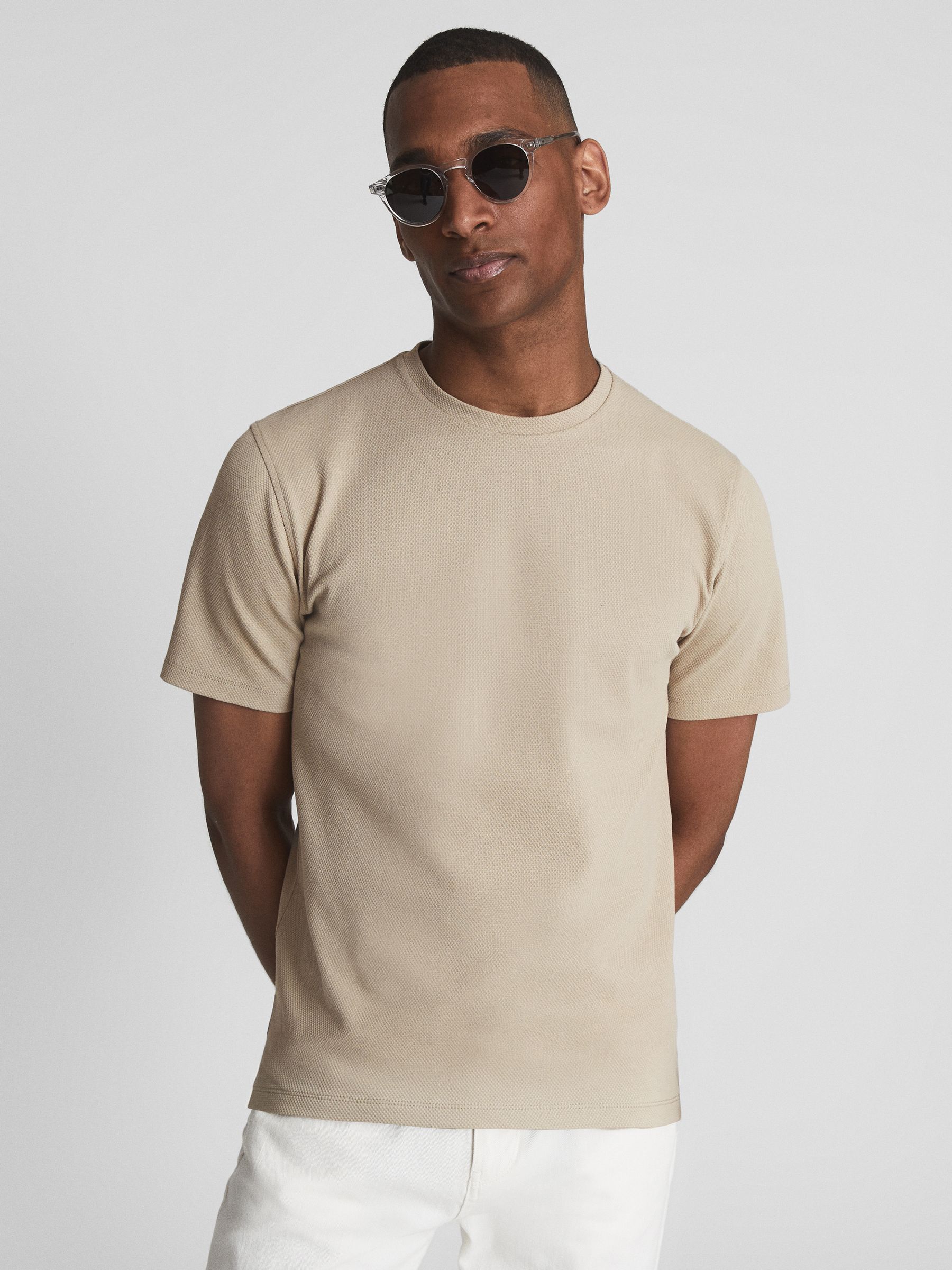 Honeycomb Crew Neck T-shirt in Oatmeal - Image 1 of 7